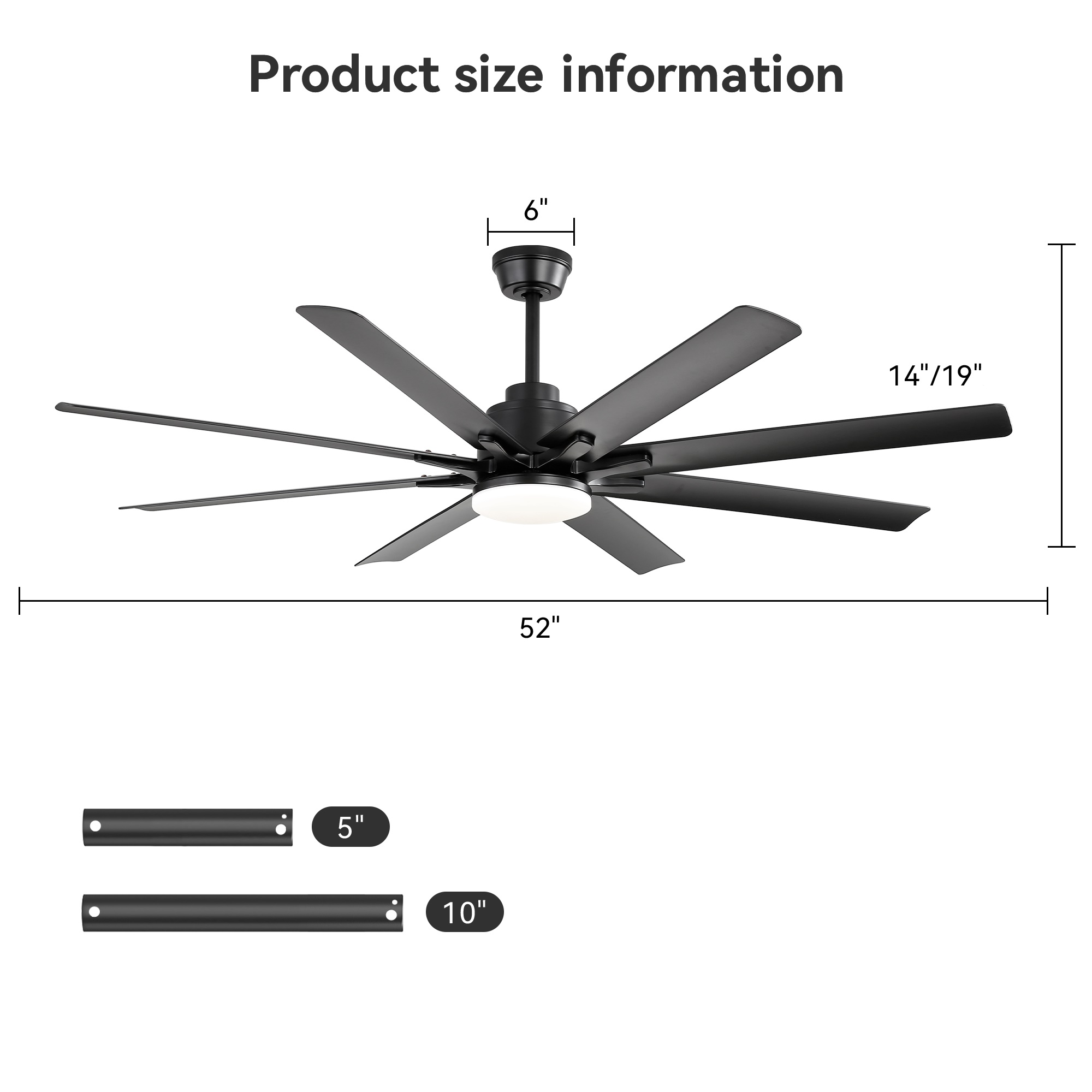 Schwarzer Deckenventilator mit 8 Flügeln, 52 Zoll Durchmesser, 6 Zoll Aufhängung.