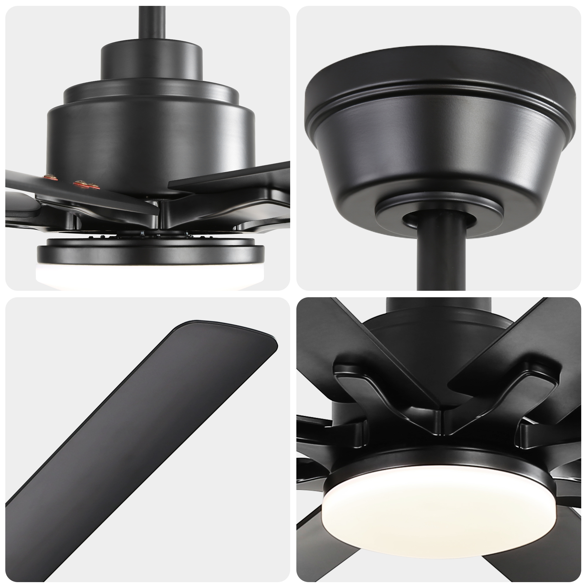 Schwarzer Deckenventilator mit LED-Leuchte, Nahaufnahmen der Flügel und des Motors.