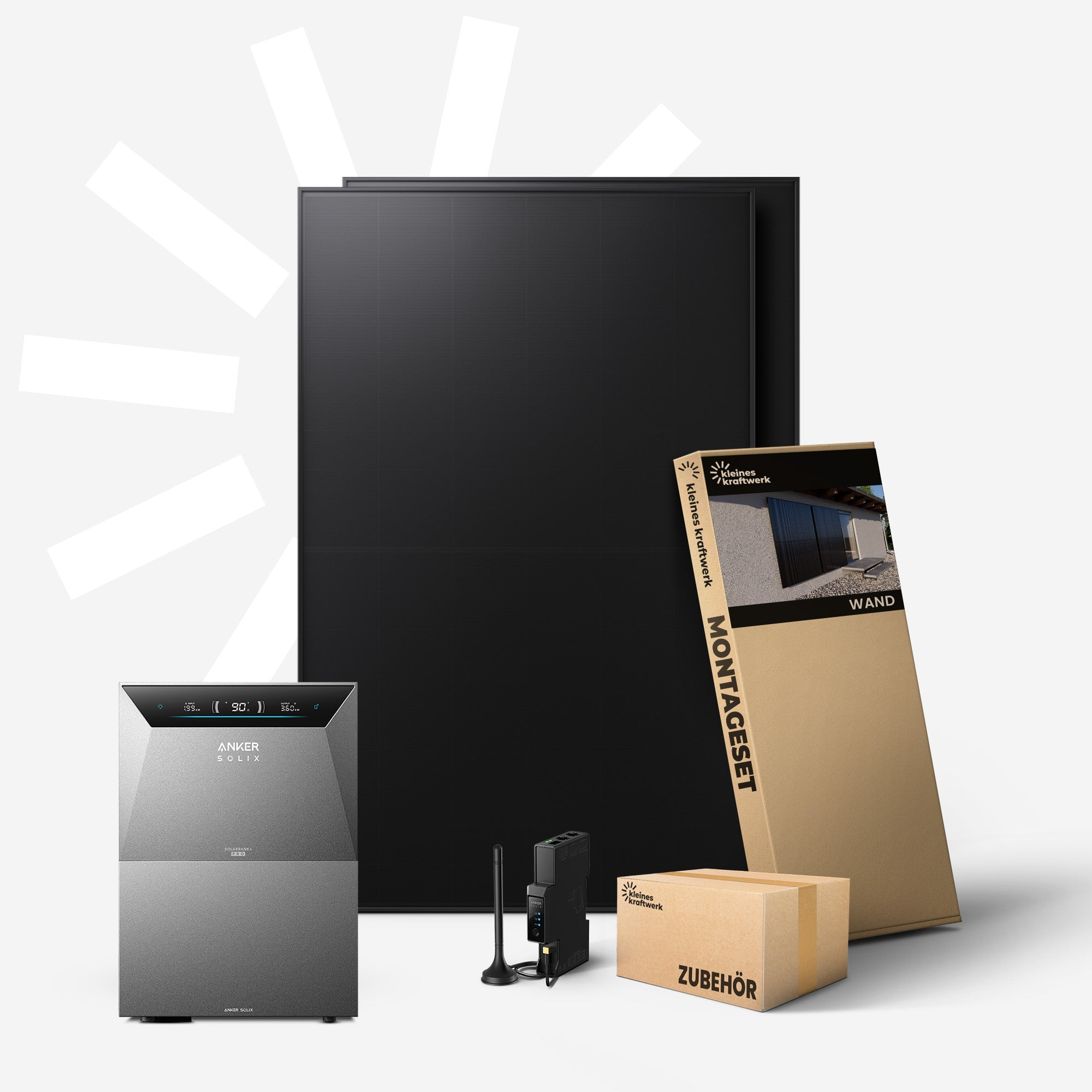 Solarmodule, Wechselrichter, Montage- und Zubehörboxen von Anker und Kleines Kraftwerk.