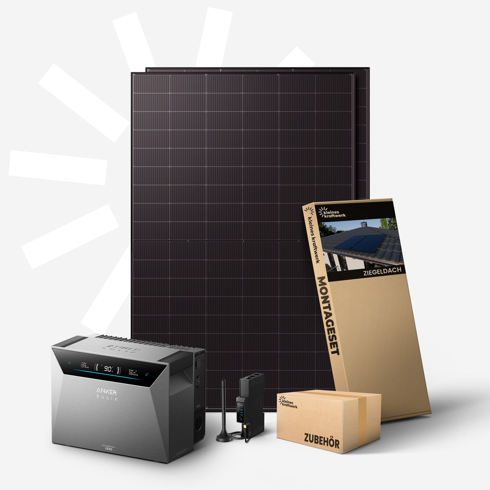 Solarmodule, eine Powerstation, ein Montageset und Zubehör auf grauem Hintergrund.