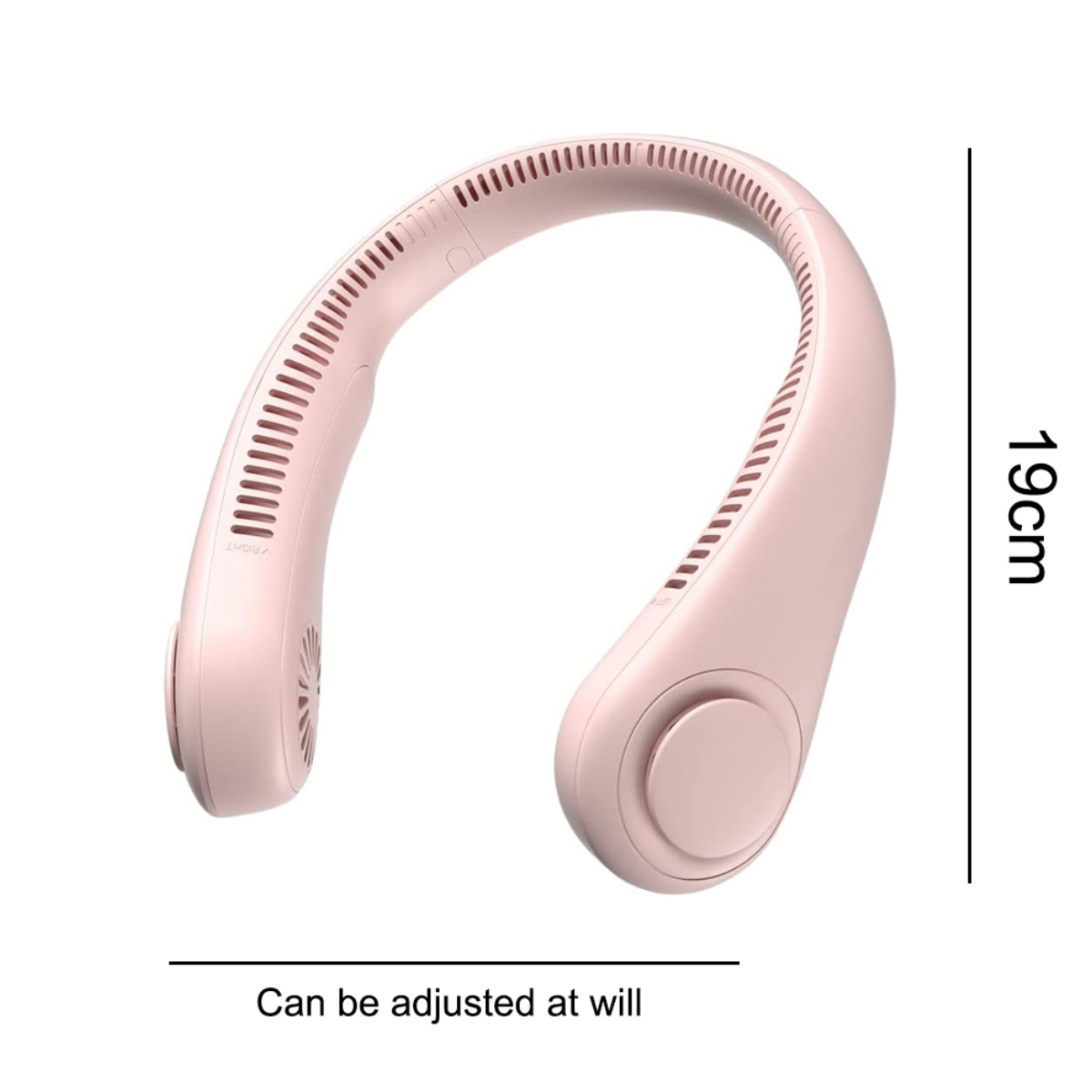Ein rosafarbener Nackenfächer mit Lüftungsschlitzen und einer Höhenangabe von 19 cm.