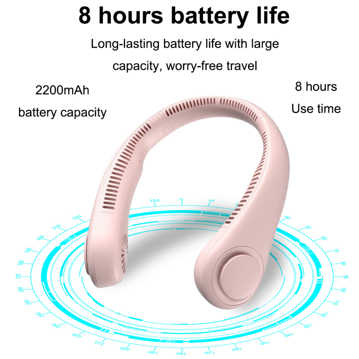 Ein rosafarbener Nackenfächer mit 2200mAh Akku und 8 Stunden Laufzeit.