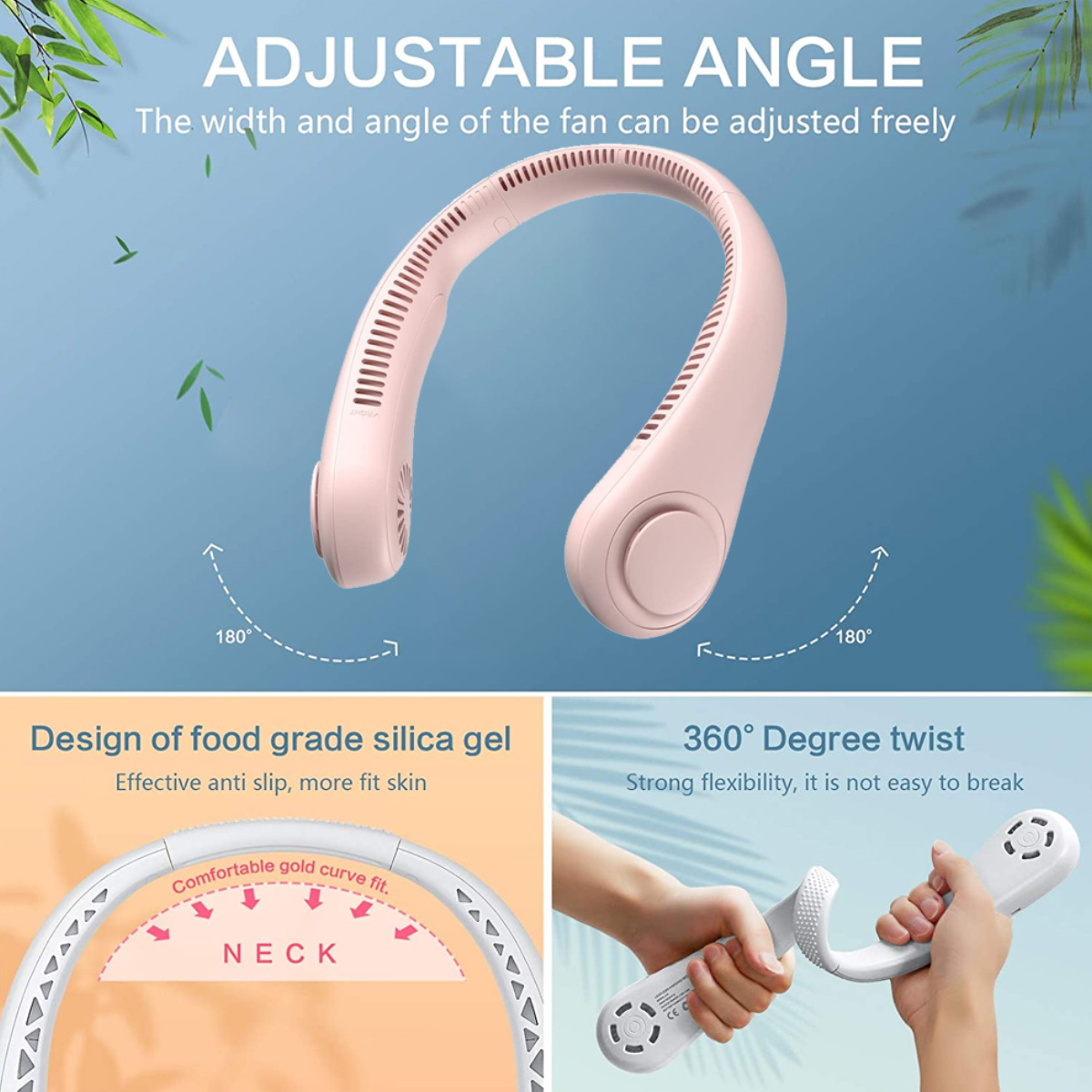 Ein rosafarbener Nackenfächer mit verstellbarem Winkel und 360-Grad-Drehung.