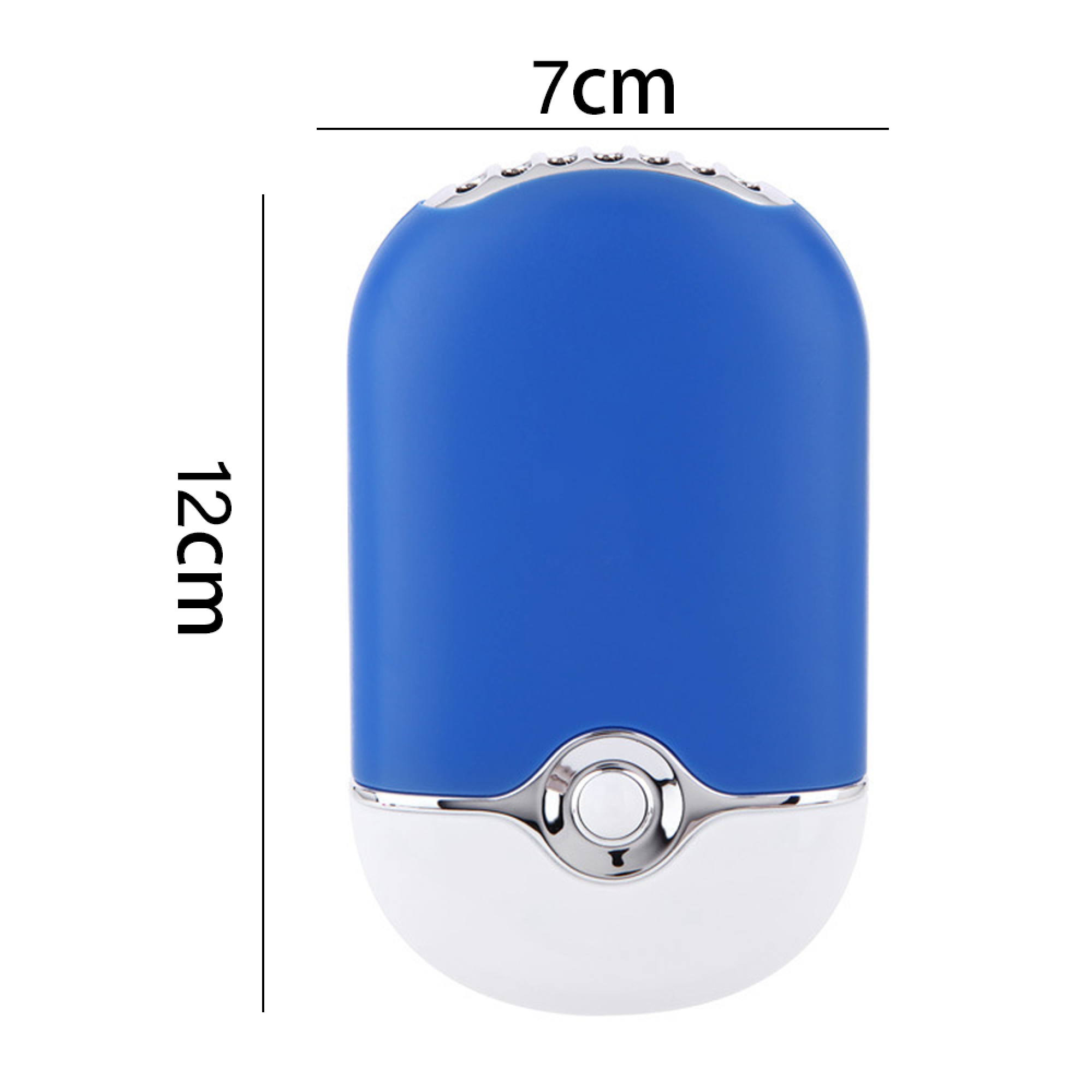 Ein blauer und weißer Mini-Ventilator mit silbernem Knopf, 12x7cm.