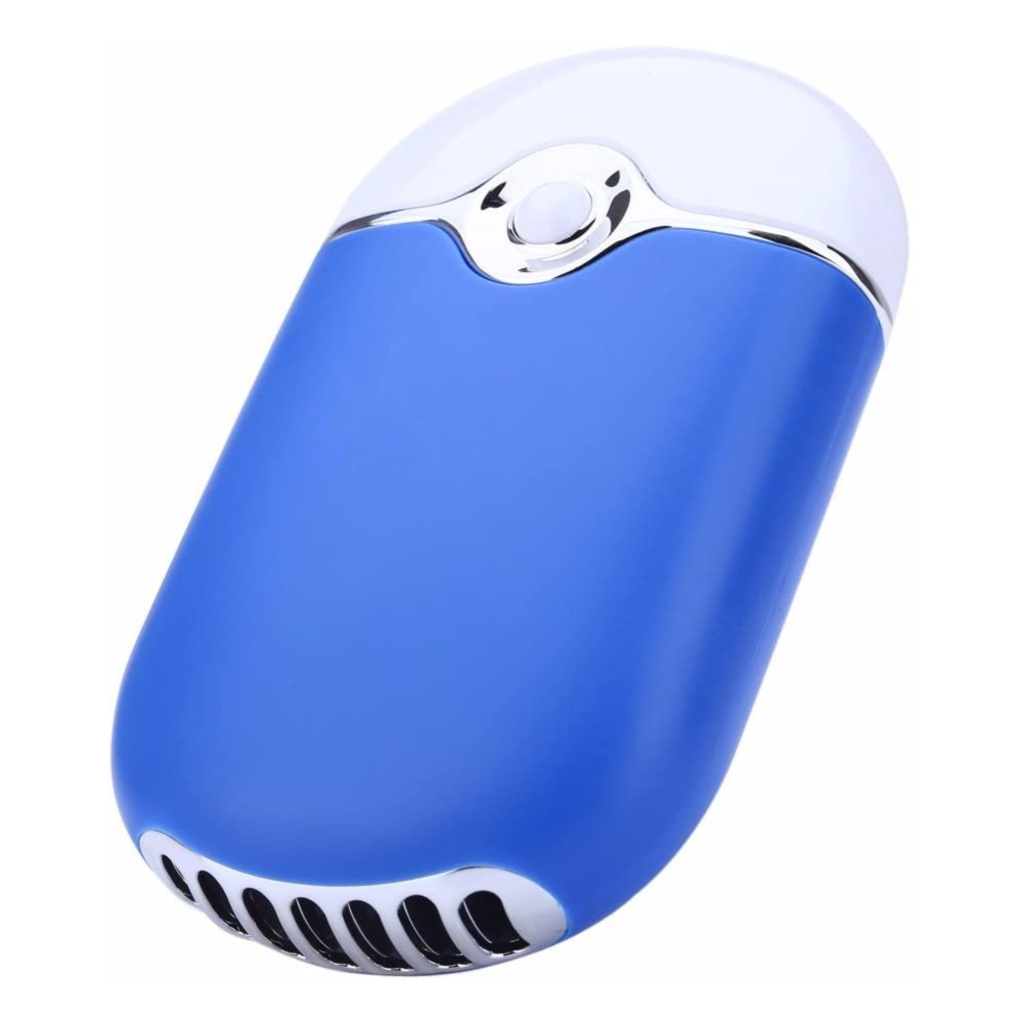 Ein blauer, ovaler Handventilator mit silbernen Akzenten und Lüftungsschlitzen.