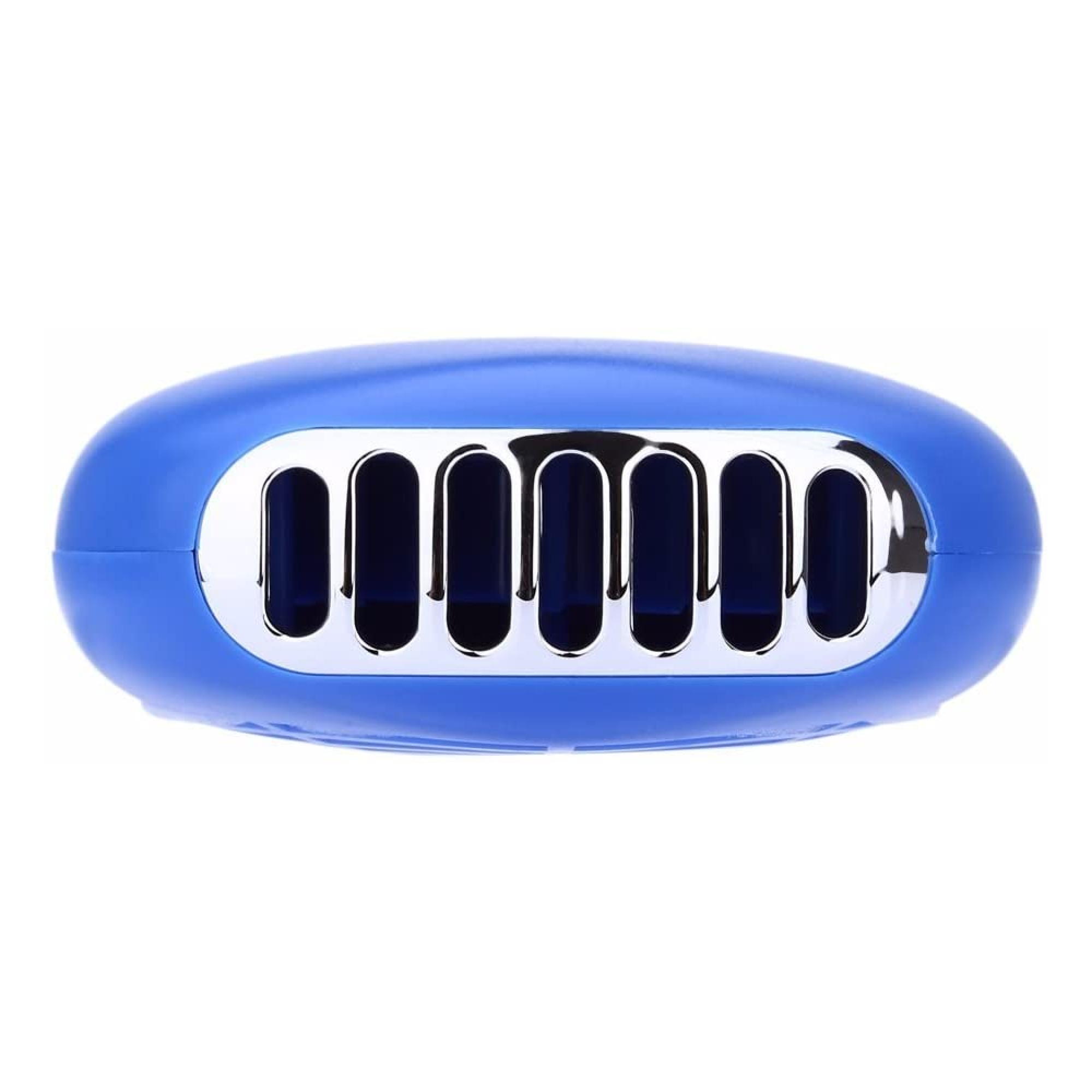 Ein blaues, ovalförmiges Gerät mit sechs silbernen Schlitzen.