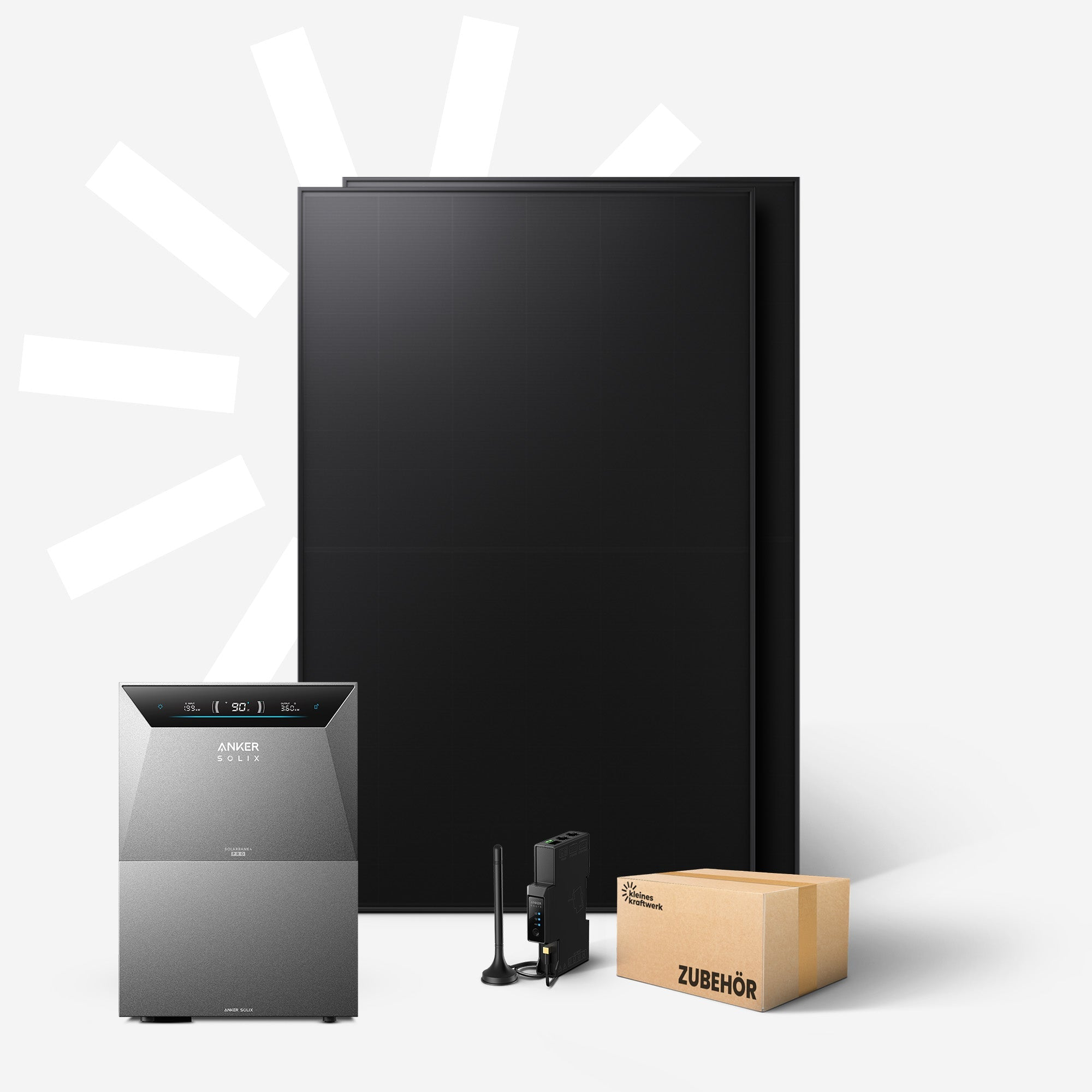 Grauer Wechselrichter, zwei schwarze Solarmodule, schwarzes Gerät, Kasten.