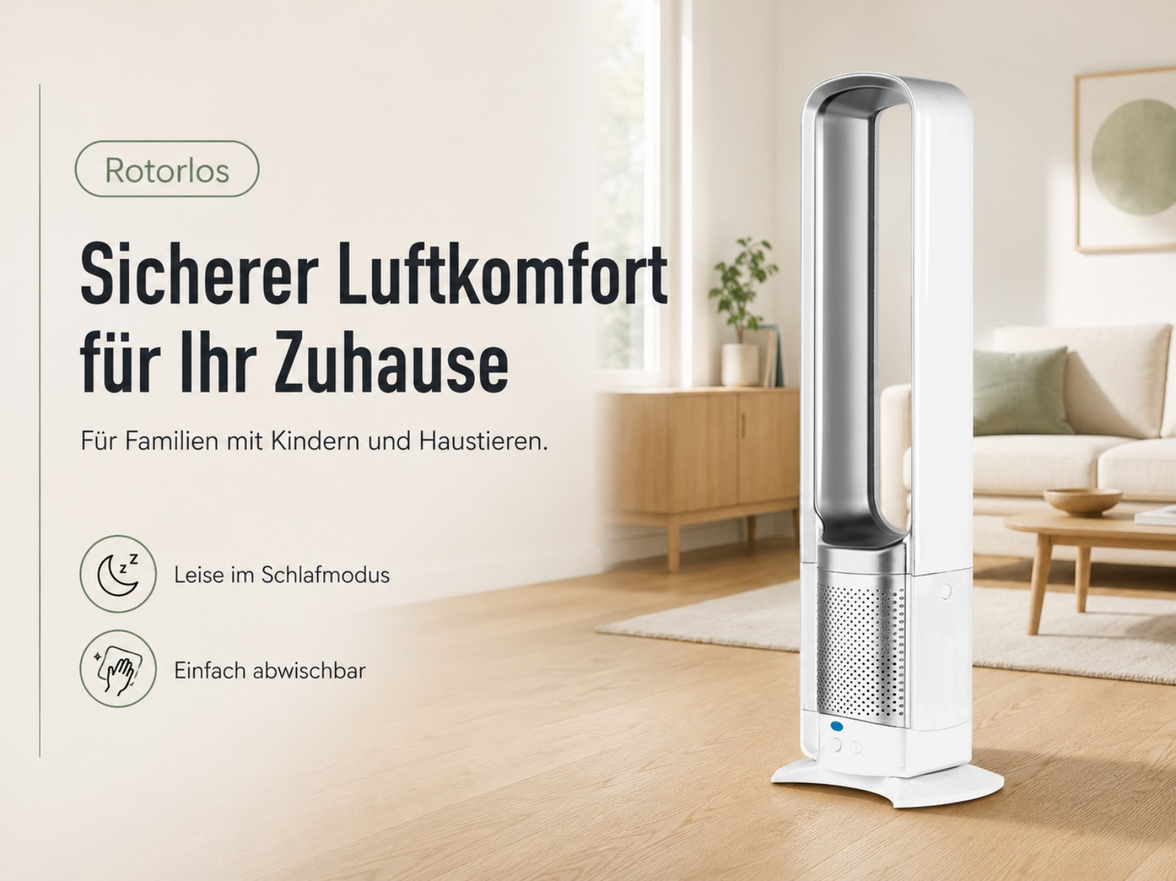 Ein weißer Turmventilator steht in einem hellen Wohnzimmer.
