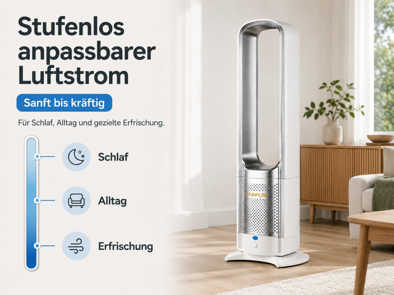 Ein weißer Turmventilator mit silbernen Akzenten steht in einem Wohnzimmer.