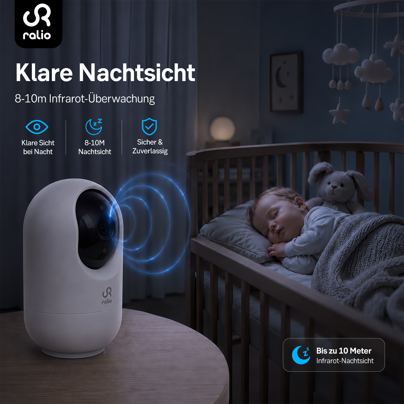 Baby schläft in einem Kinderbett, Babyphone mit Nachtsichtfunktion daneben.