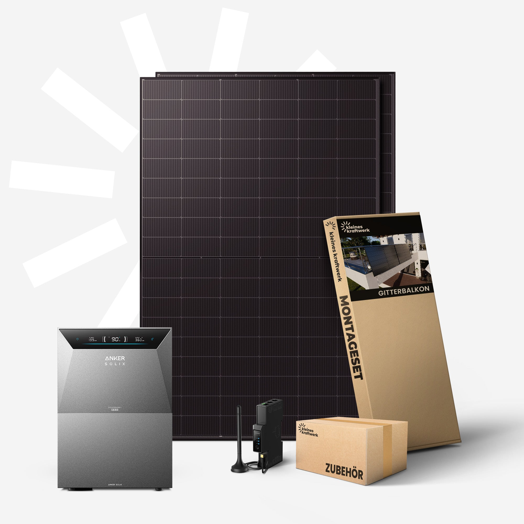 Grauer Wechselrichter, Solarmodule, Montage- und Zubehörkartons.
