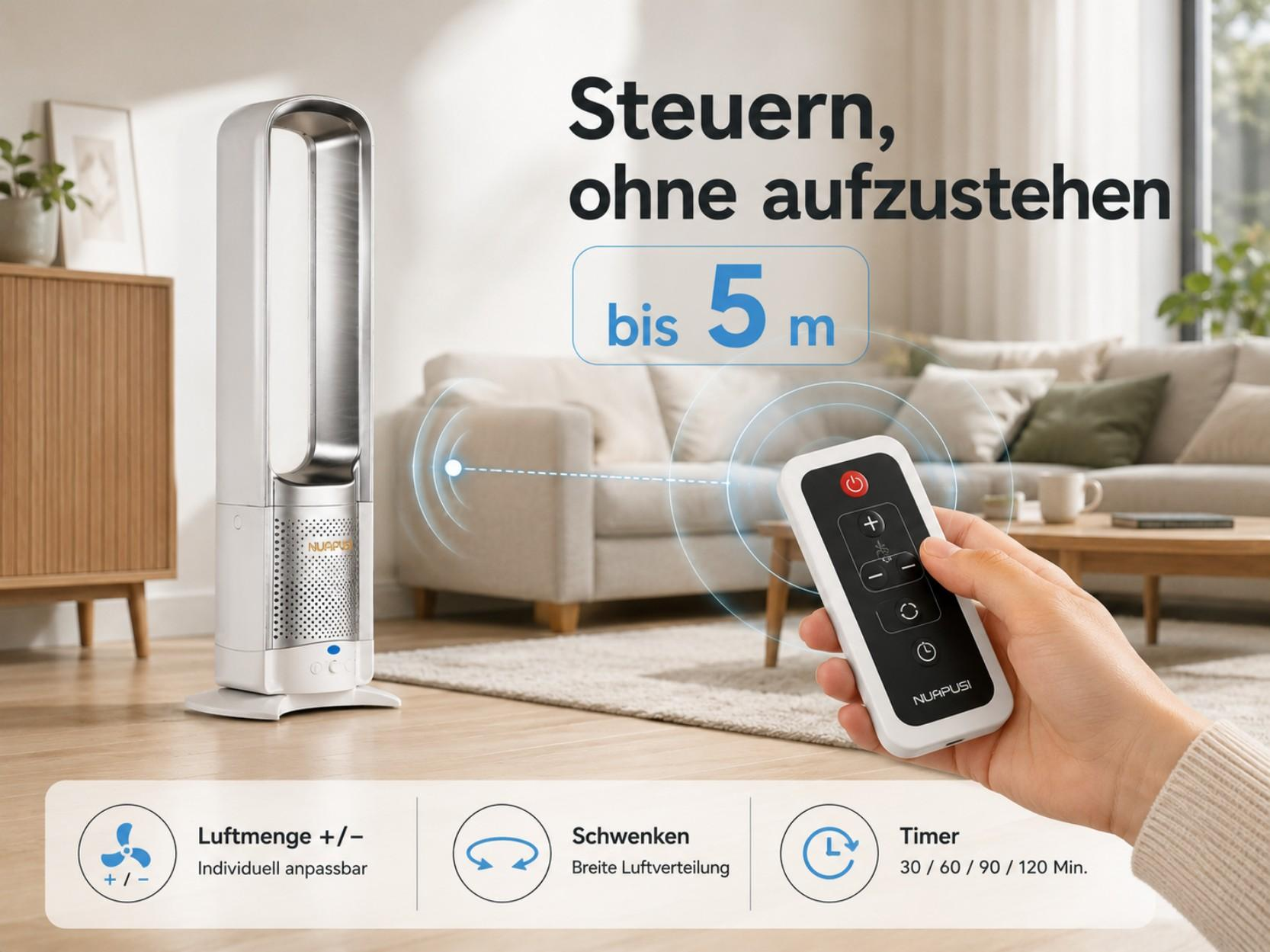 Ein weißer Turmventilator und eine Fernbedienung in einem Wohnzimmer.