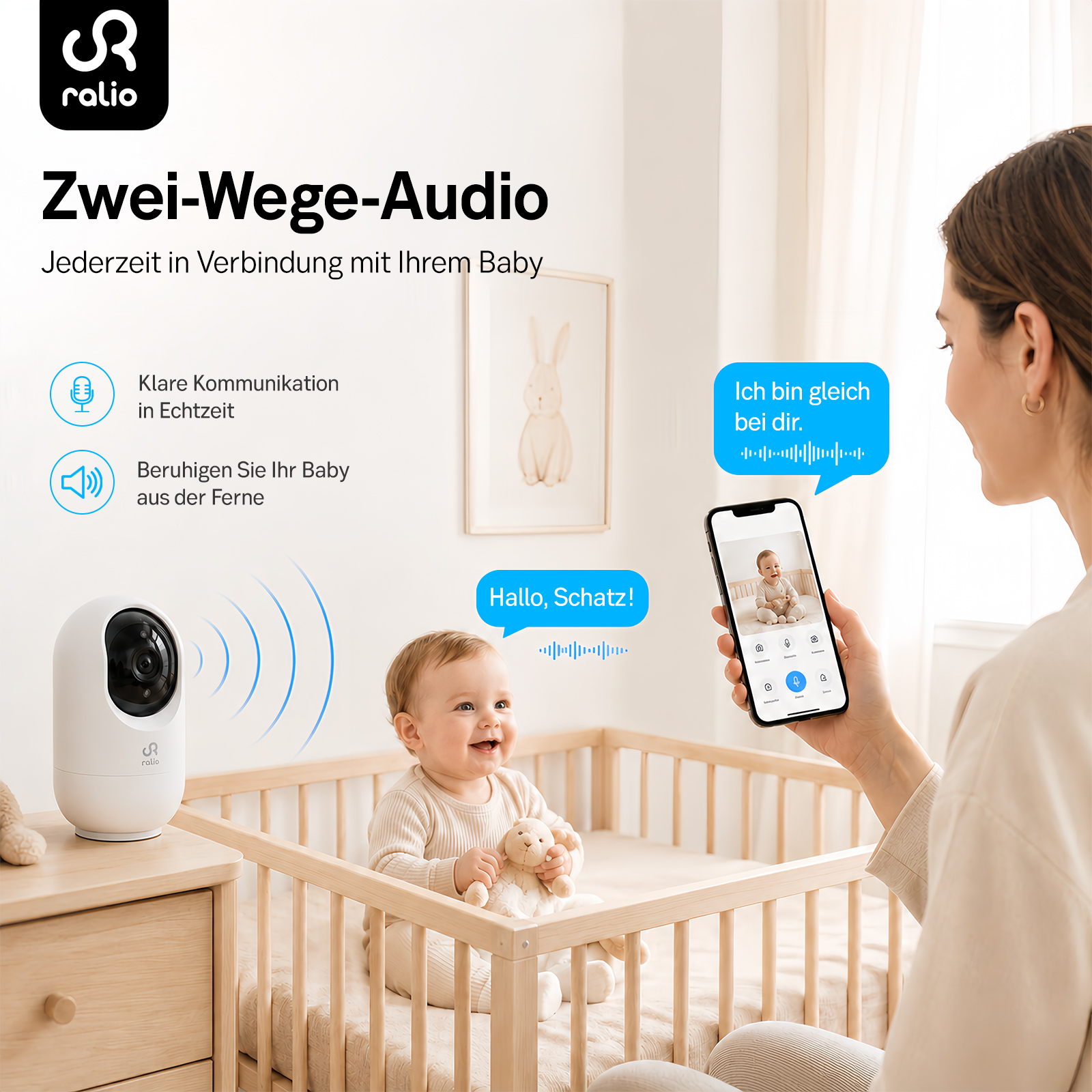 Babyphone mit Zwei-Wege-Audio: Mutter sieht Baby auf Handy, Baby im Bett.