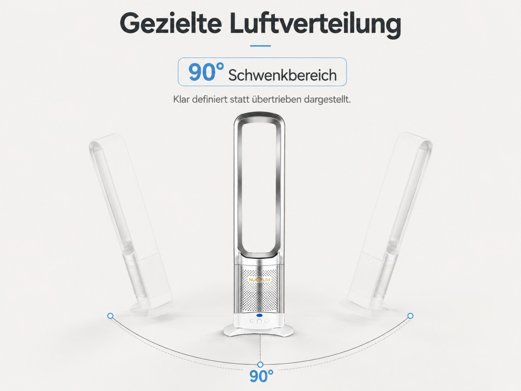 Ein turmartiger Ventilator in Weiß und Silber mit 90° Schwenkbereich.