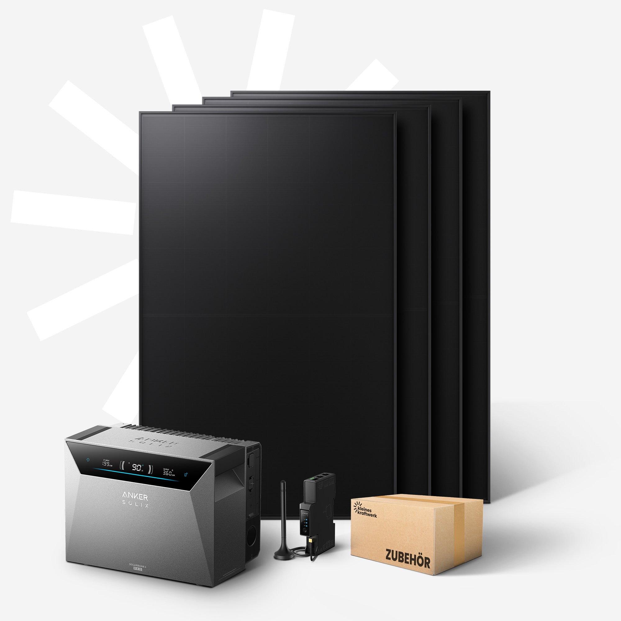 Grauer Solarspeicher mit schwarzen Solarmodulen, Zubehörbox und schwarzem Gerät.