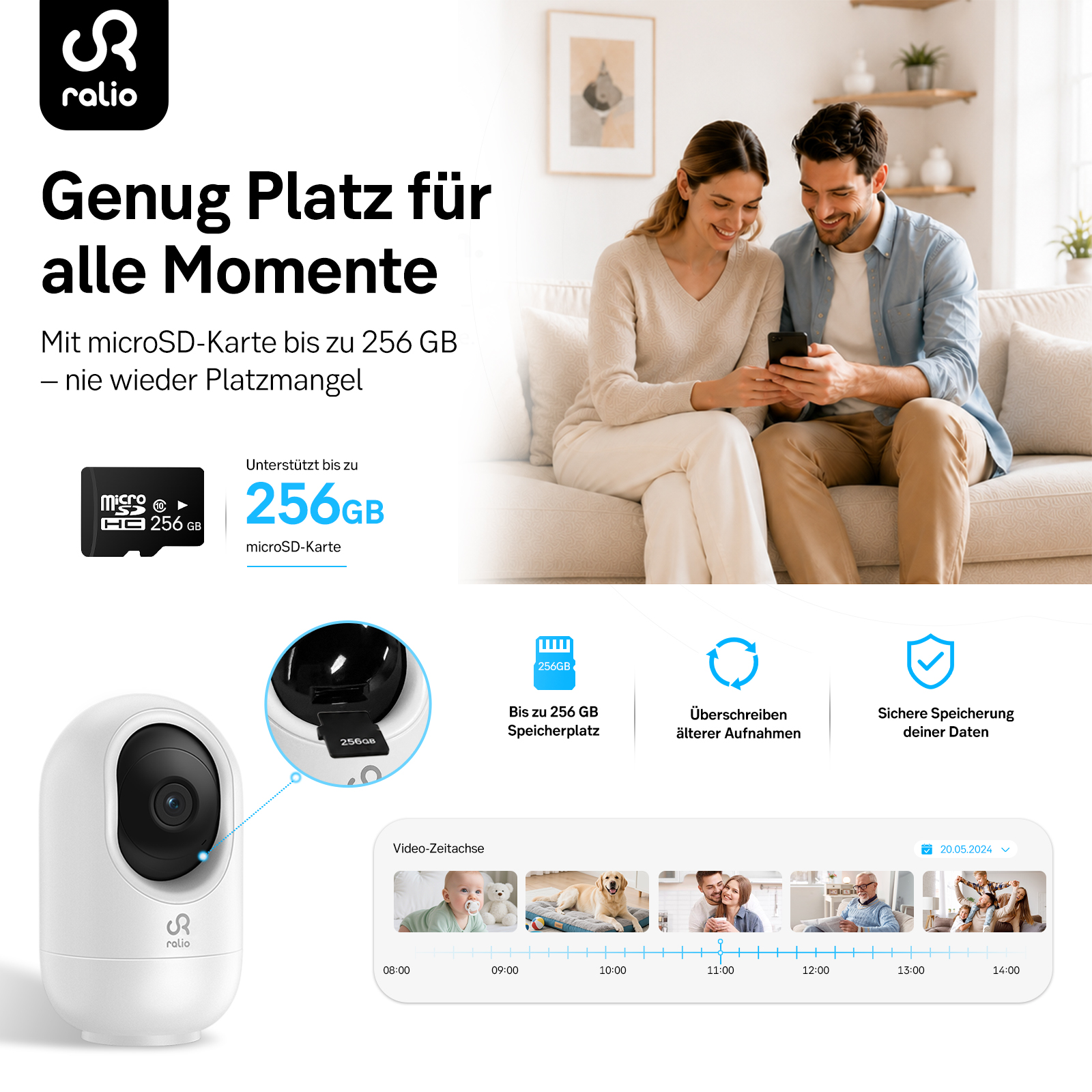 Ein Paar sitzt auf einem Sofa und schaut auf ein Smartphone. Eine Überwachungskamera und eine microSD-Karte sind zu sehen.