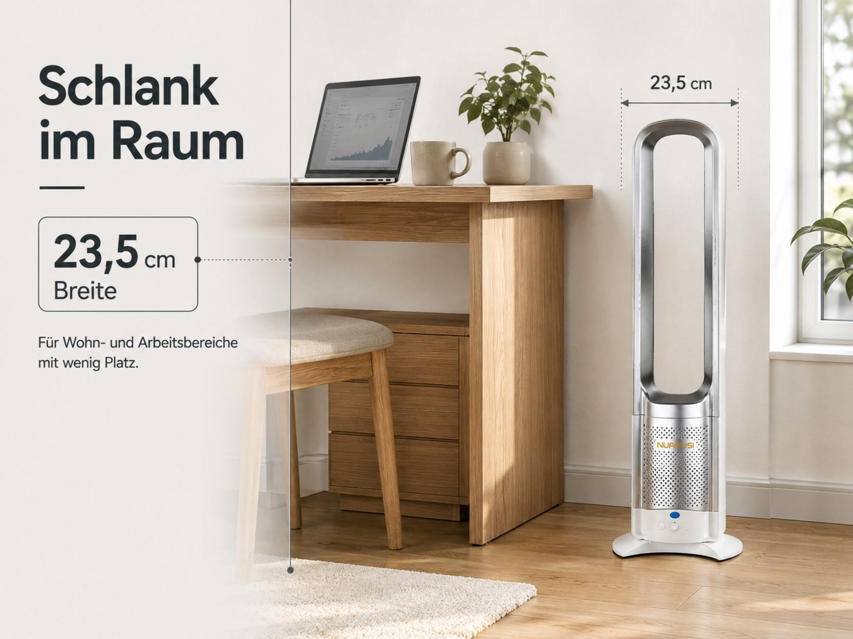 Ein schlanker Turmventilator neben einem Holzschreibtisch mit Laptop und Pflanze.