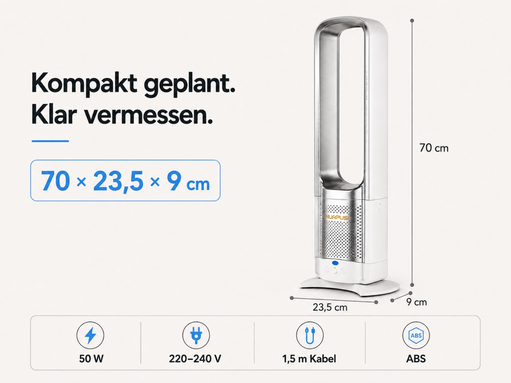 Ein schlanker, weißer Turmventilator mit Maßen 70x23,5x9cm.