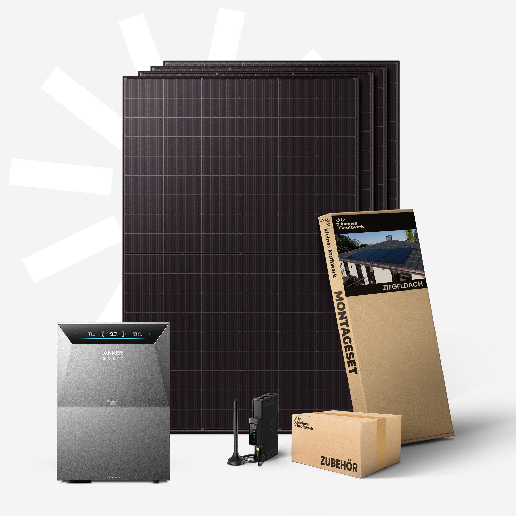 Solarmodule, Wechselrichter und Montagekasten auf weißem Hintergrund angeordnet.