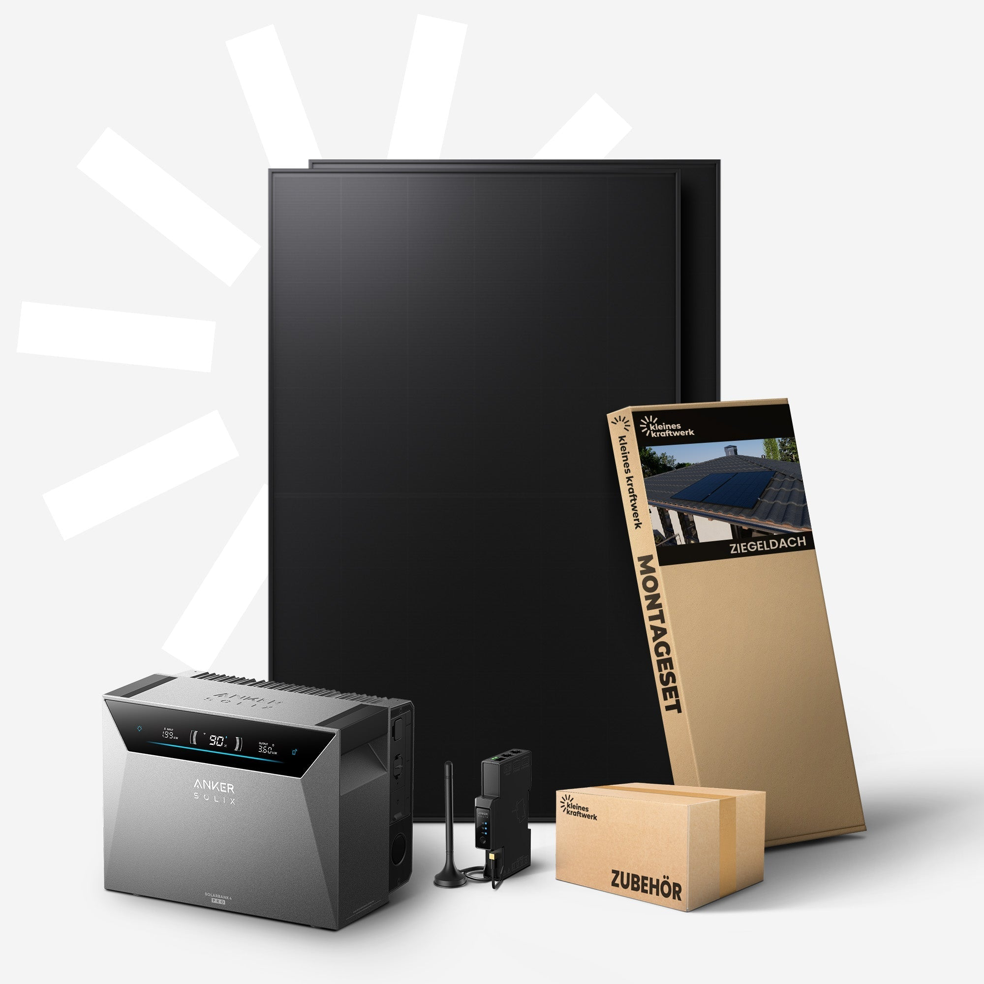 Zwei schwarze Solarmodule, ein grauer Stromspeicher und Zubehör auf grauem Hintergrund.