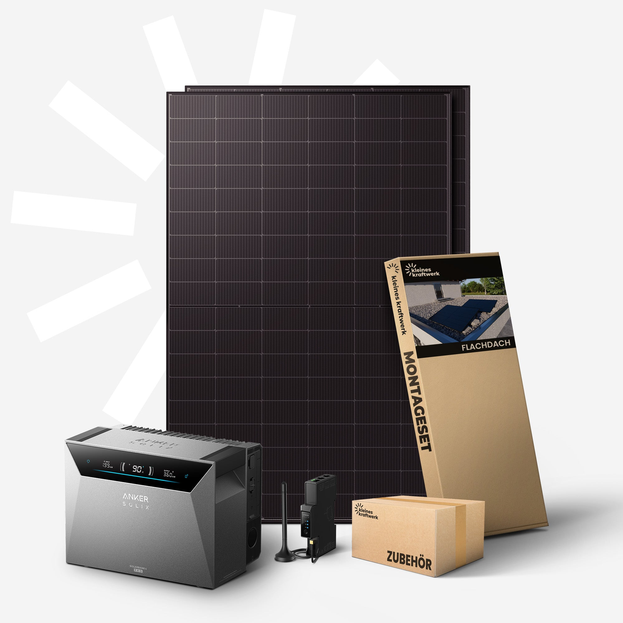 Dunkle Solarmodule, ein grauer Stromspeicher und Kartons mit Montage-Zubehör.