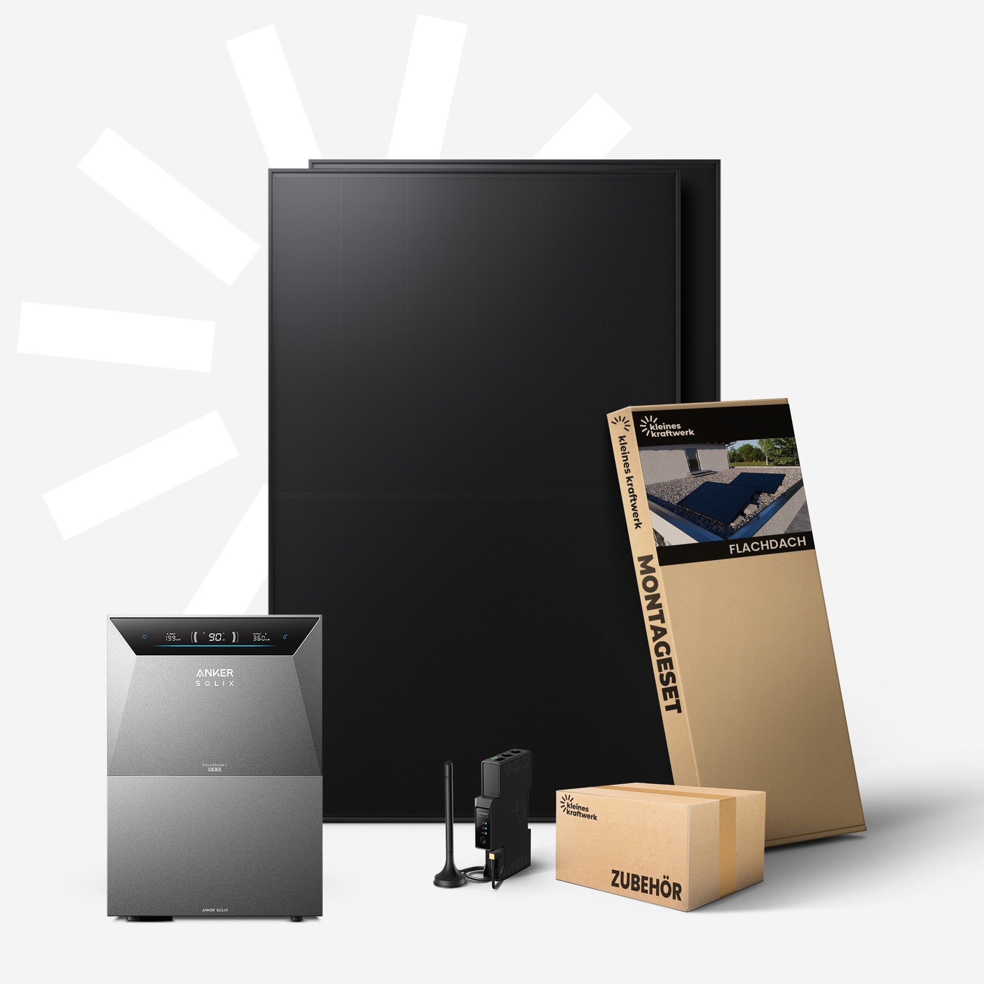 Ein Anker Solix Wechselrichter, zwei Solarpanels, ein Montageset und Zubehör.