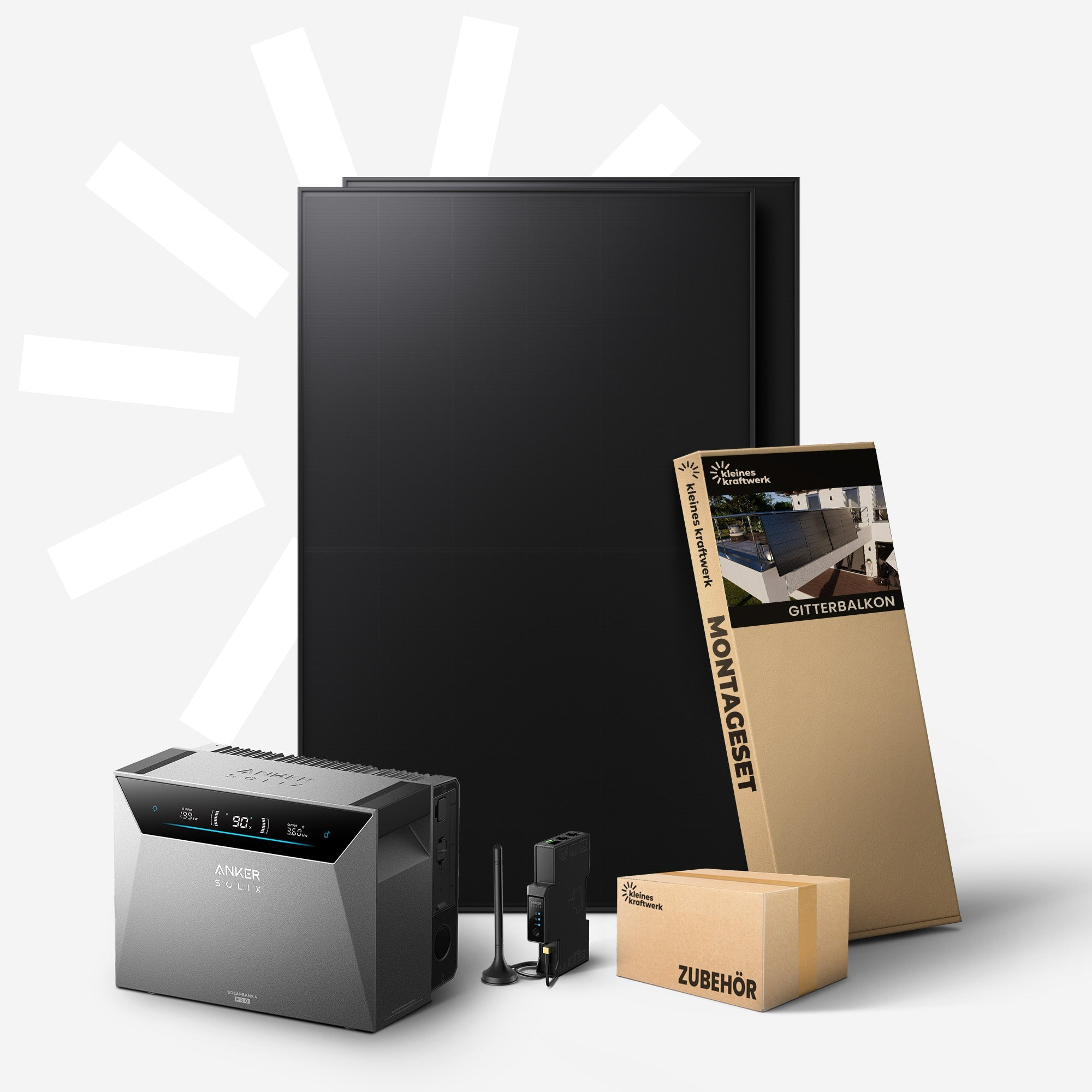 Grauer Anker Solix Wechselrichter, schwarze Solarmodule, Montageset, Zubehörbox.