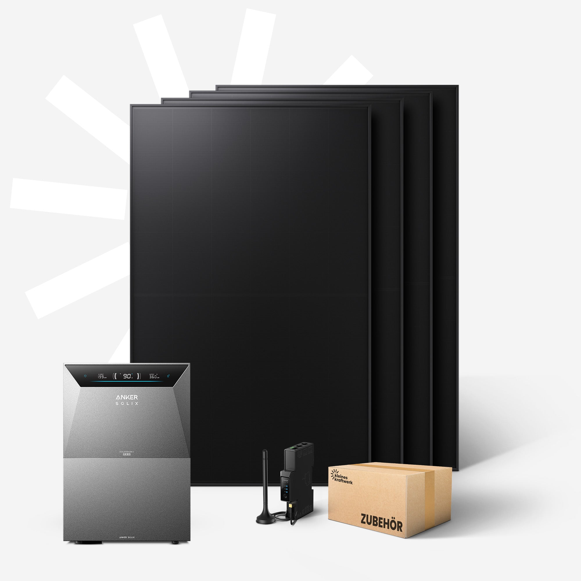 Drei schwarze Solarmodule, ein Anker Solix Wechselrichter, ein Gerät und ein Karton.