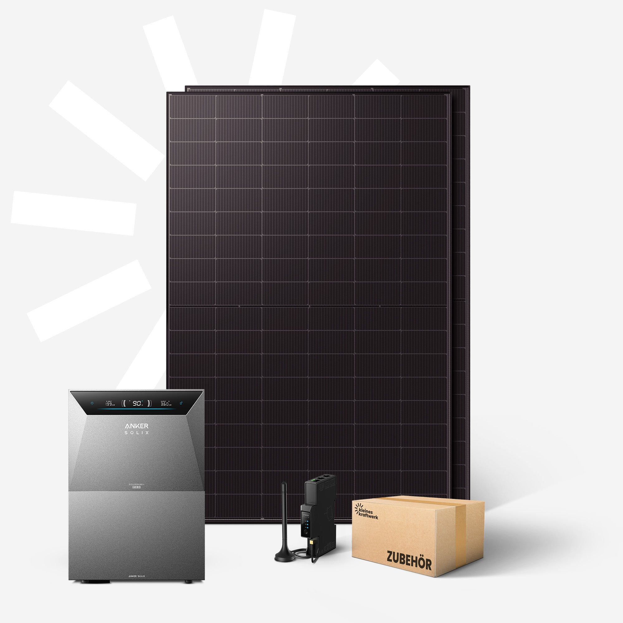 Grauer Wechselrichter, Solarzellen, schwarzer Router und braune Zubehörbox.