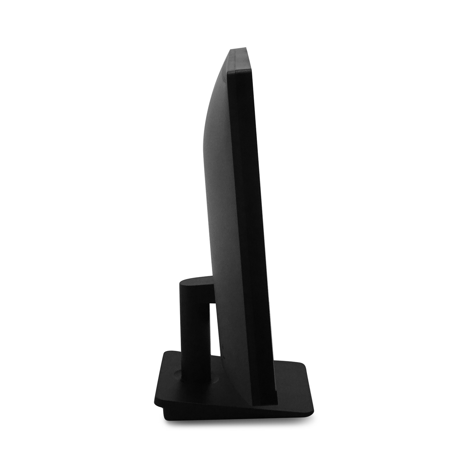 Seitenansicht eines schwarzen Monitors mit rechteckigem Standfuß.