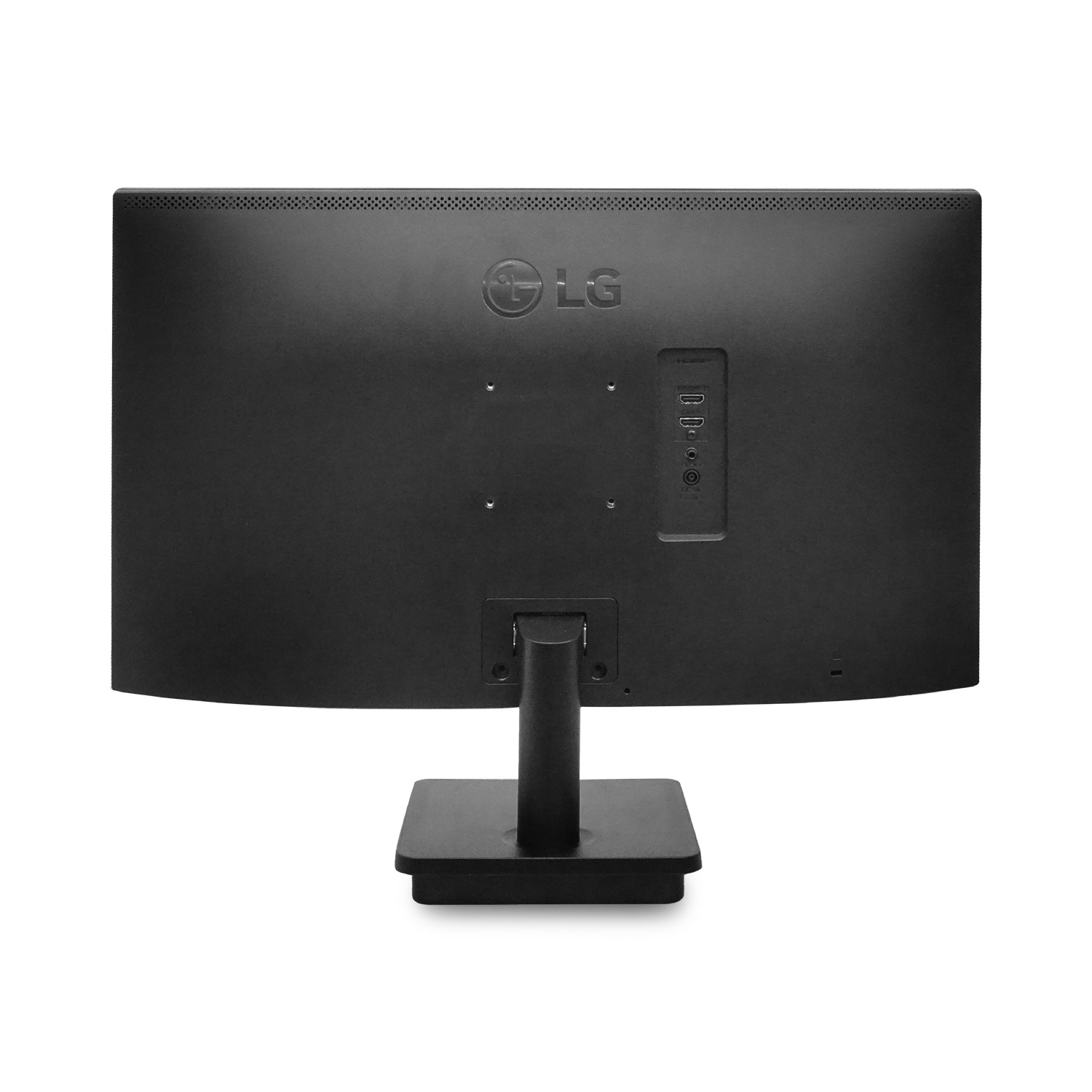 Rückseite eines schwarzen LG Monitors mit Anschlüssen und Logo.
