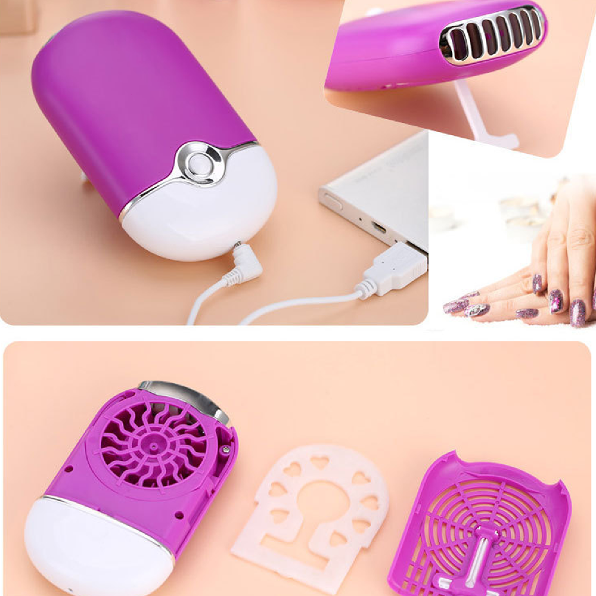 Lila Nageltrockner mit USB-Anschluss, auf einem Ständer und mit anderem Zubehör.