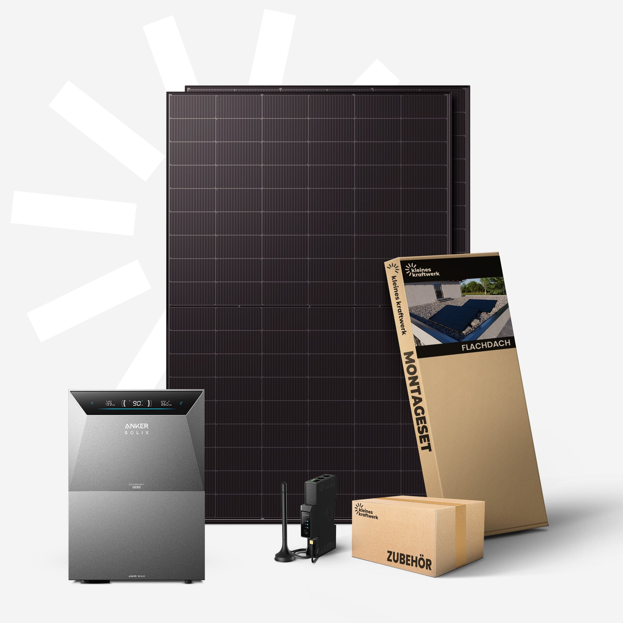 Solarmodule, ein Wechselrichter, Montageset und Zubehör auf grauem Hintergrund.