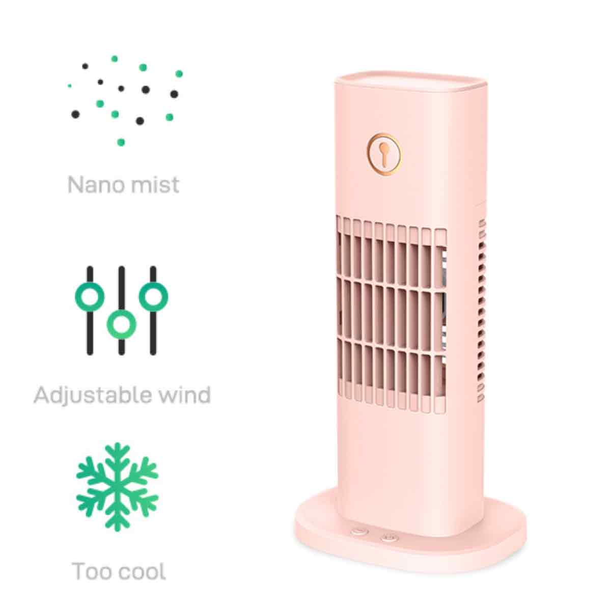 Ein rosafarbener Turmventilator mit Nano-Mist-, einstellbarer Wind- und Kühlfunktionen.