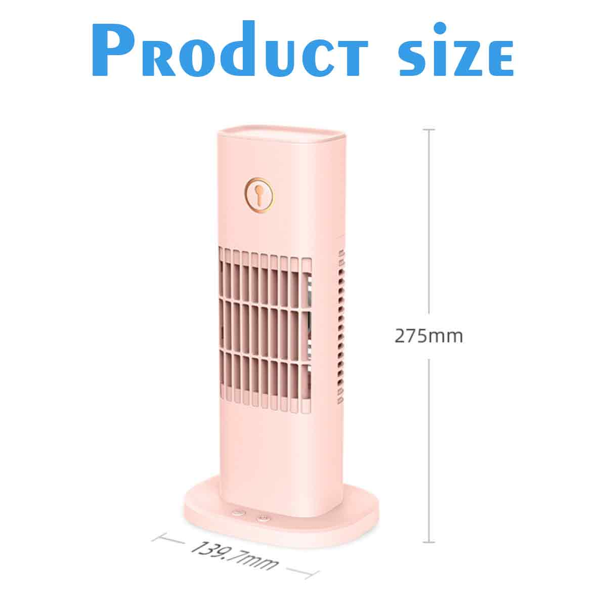 Pinker Turmventilator mit Maßen 275mm Höhe und 139,7mm Breite.