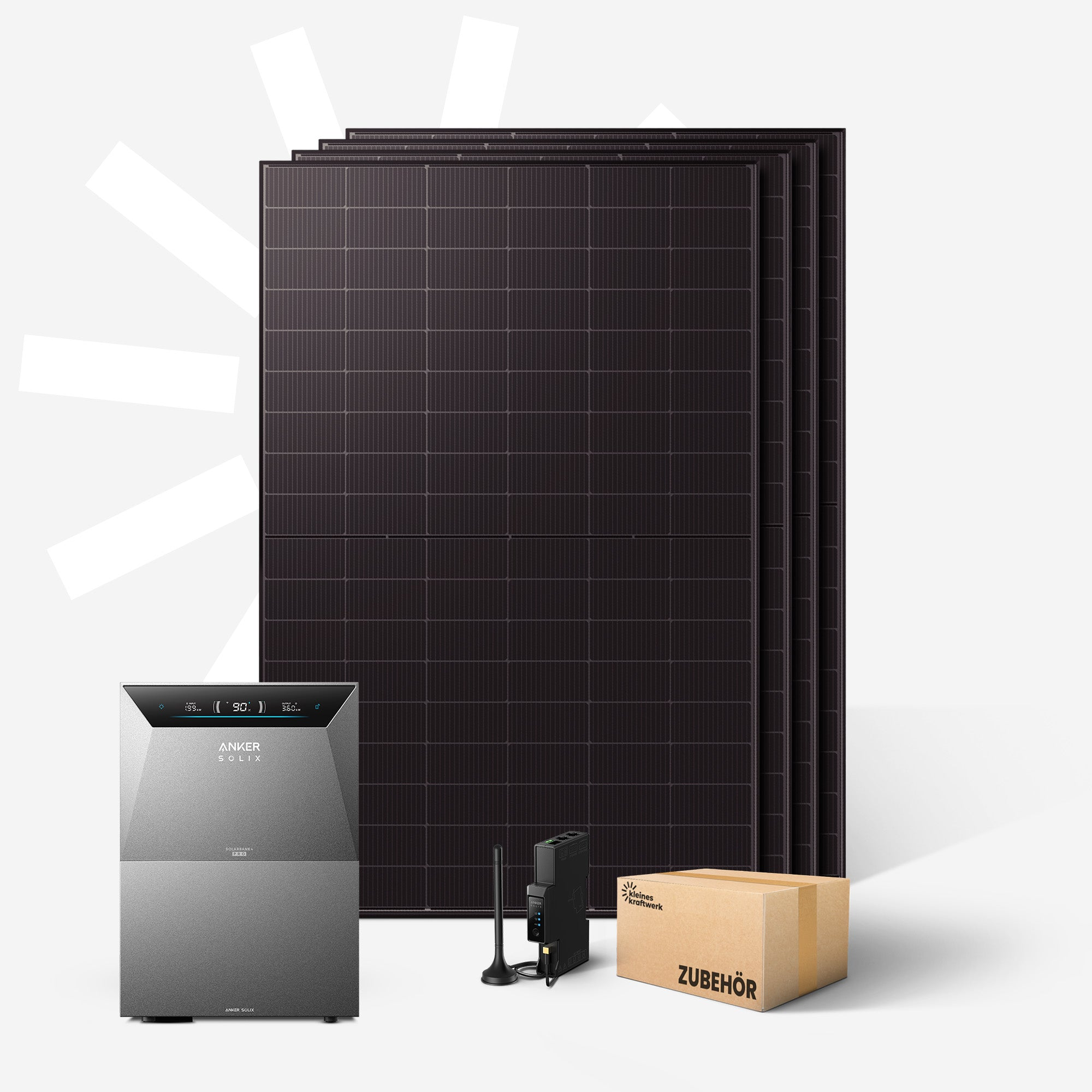 Drei Solarmodule, ein Wechselrichter, ein Zubehörkarton und ein schwarzes Gerät.