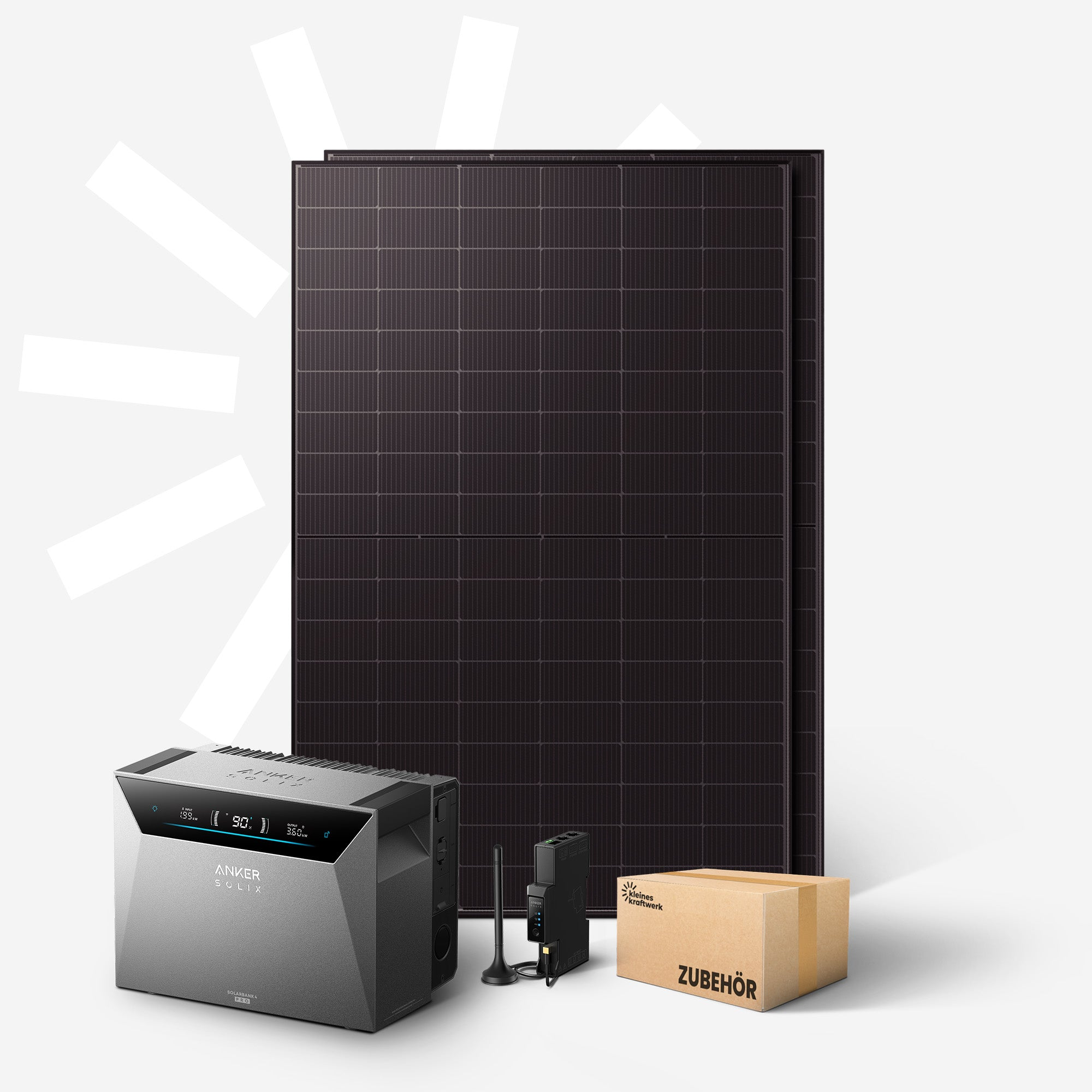 Grauer Stromspeicher mit Solarpanelen, Zubehörbox und schwarzem Gerät.