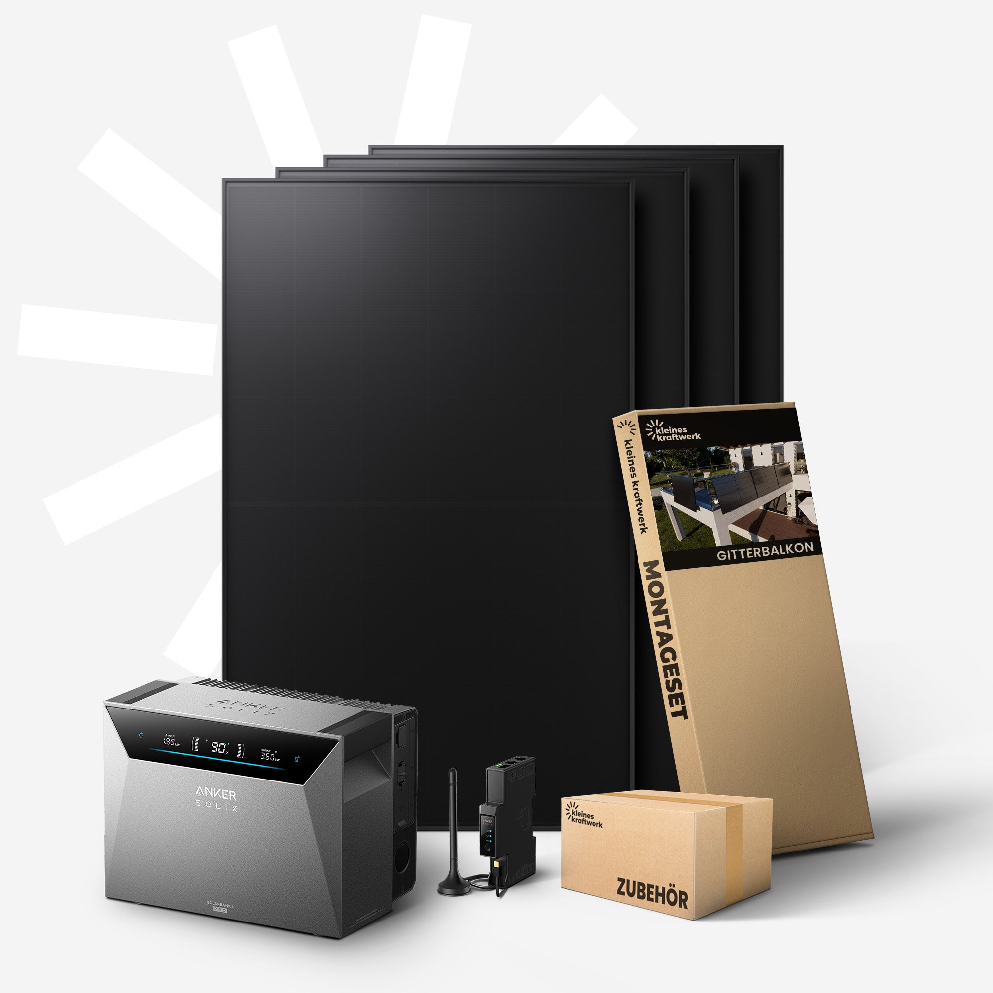 Schwarze Solarmodule, Anker Solix Powerbank, Montage- und Zubehörboxen.