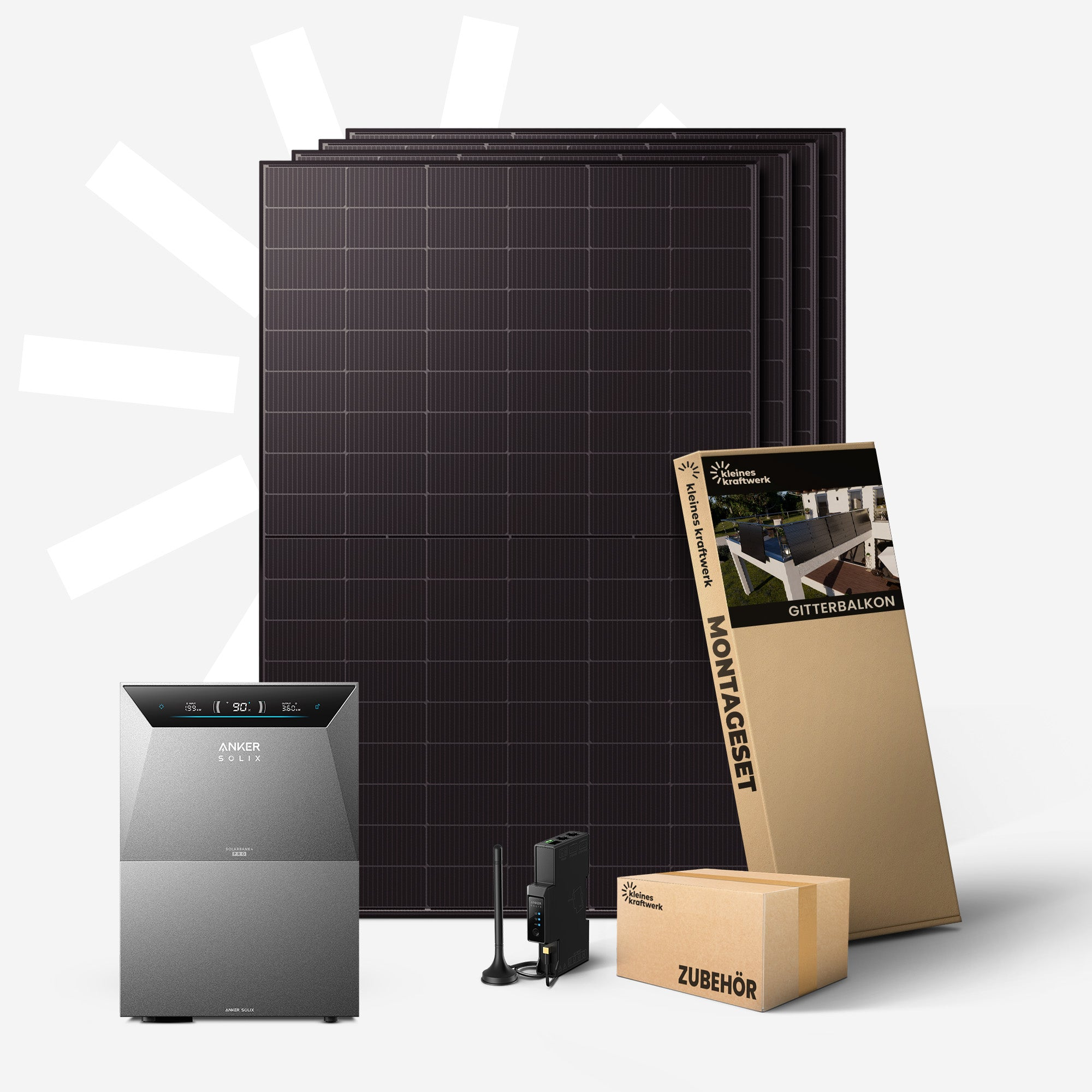 Solarmodule, Wechselrichter, Montageset und Zubehör auf grauem Hintergrund.