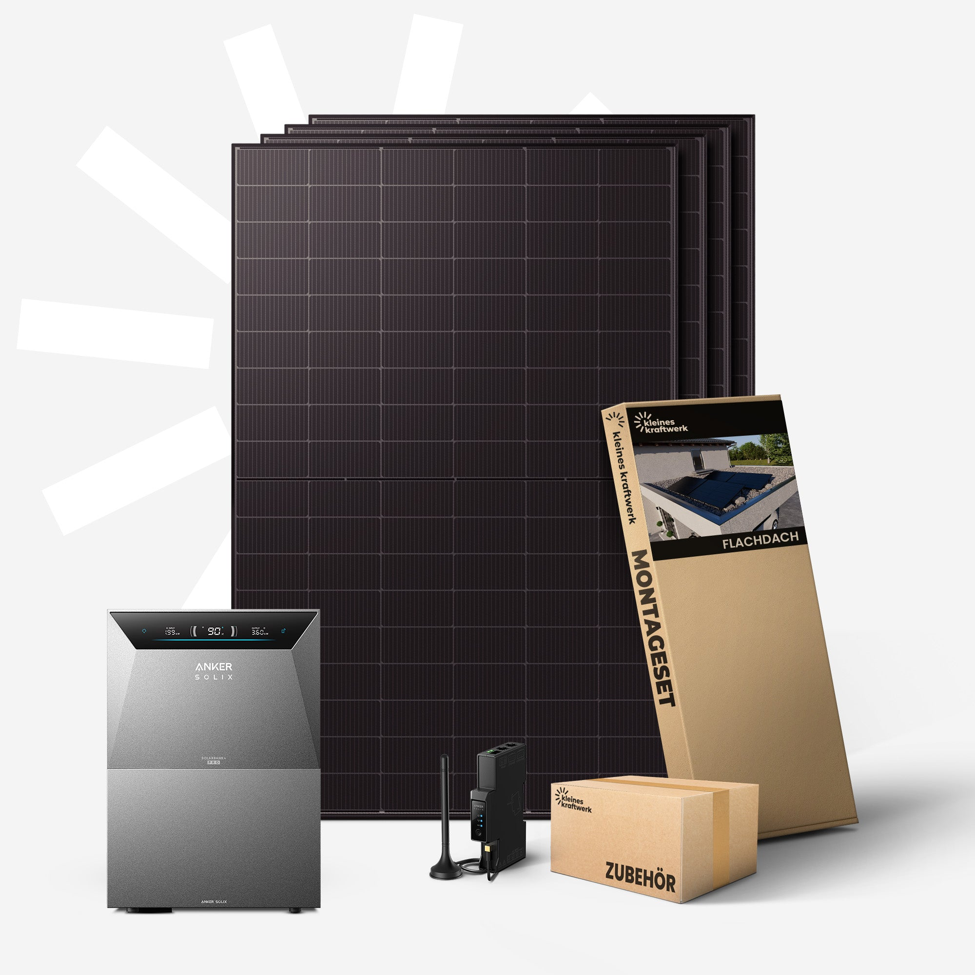 Solaranlage mit Wechselrichter, Solarmodulen, Montage-Set und Zubehör.