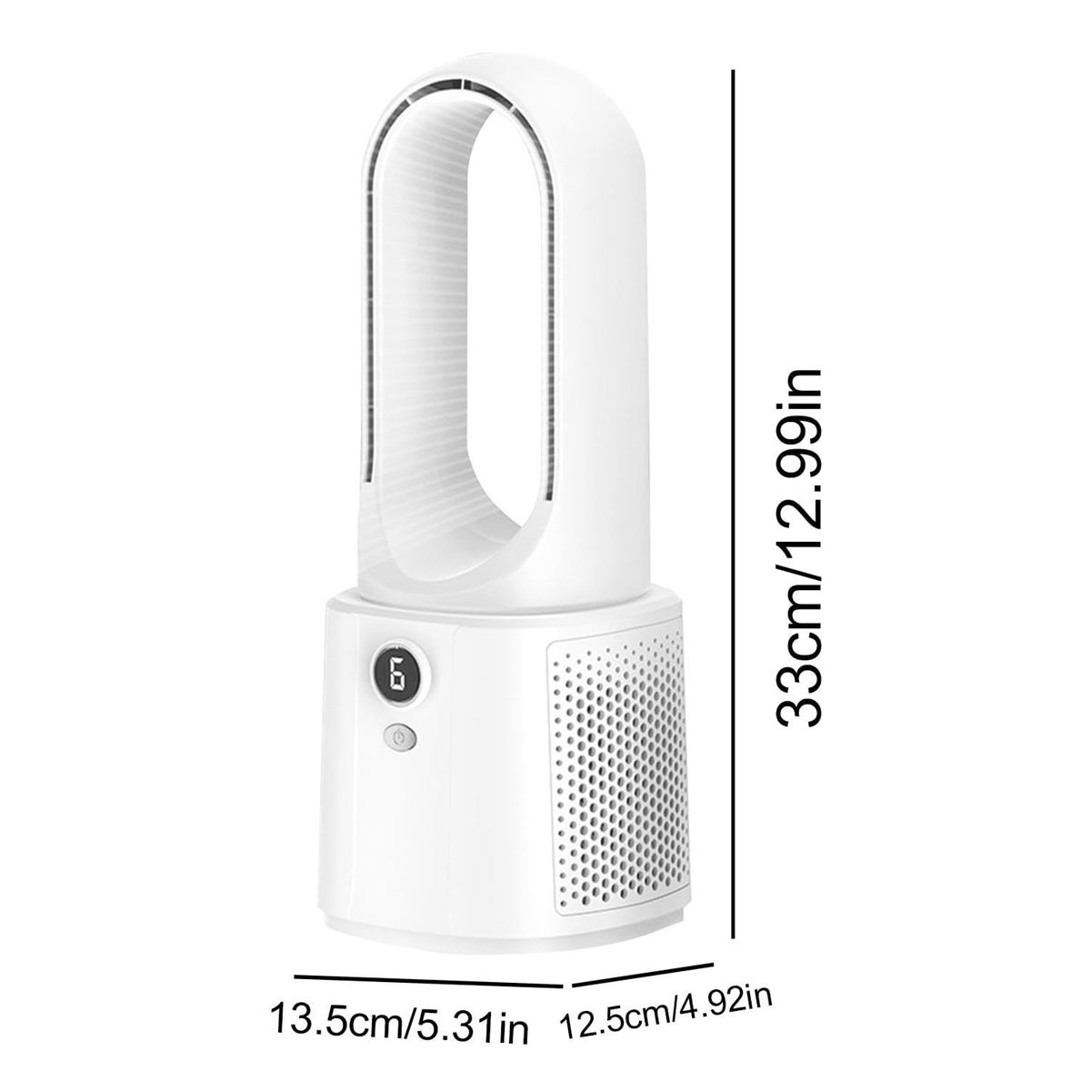 Weißer, flüsterloser Ventilator mit Digitalanzeige und Maßen 33x13,5x12,5cm.