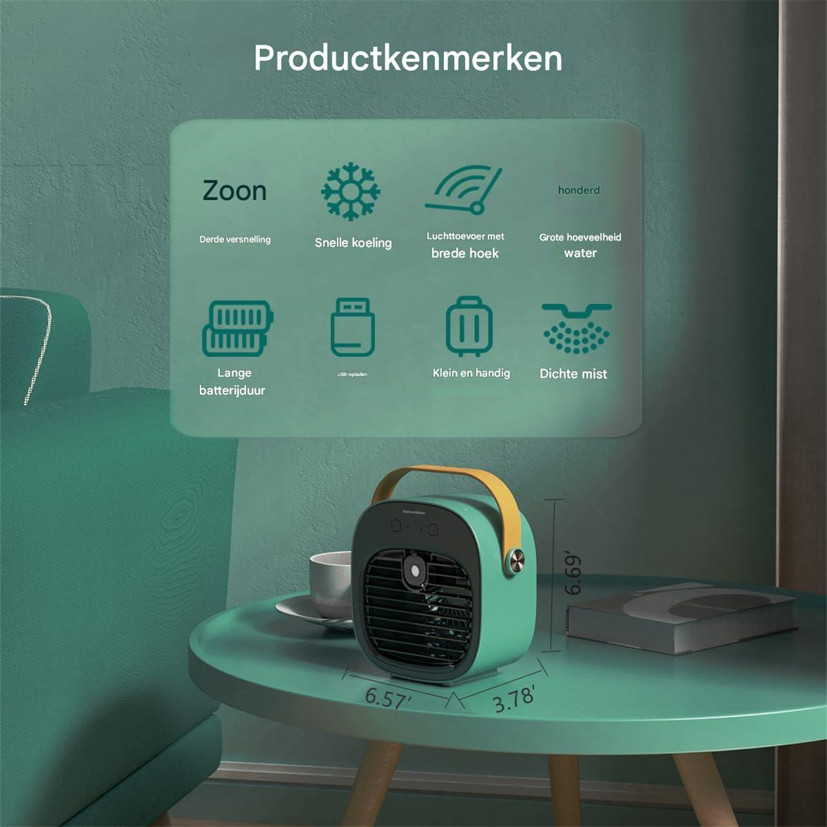 Ein kleiner, tragbarer Klimaanalator mit gelbem Griff steht auf einem Tisch. Produktmerkmale sind aufgelistet.