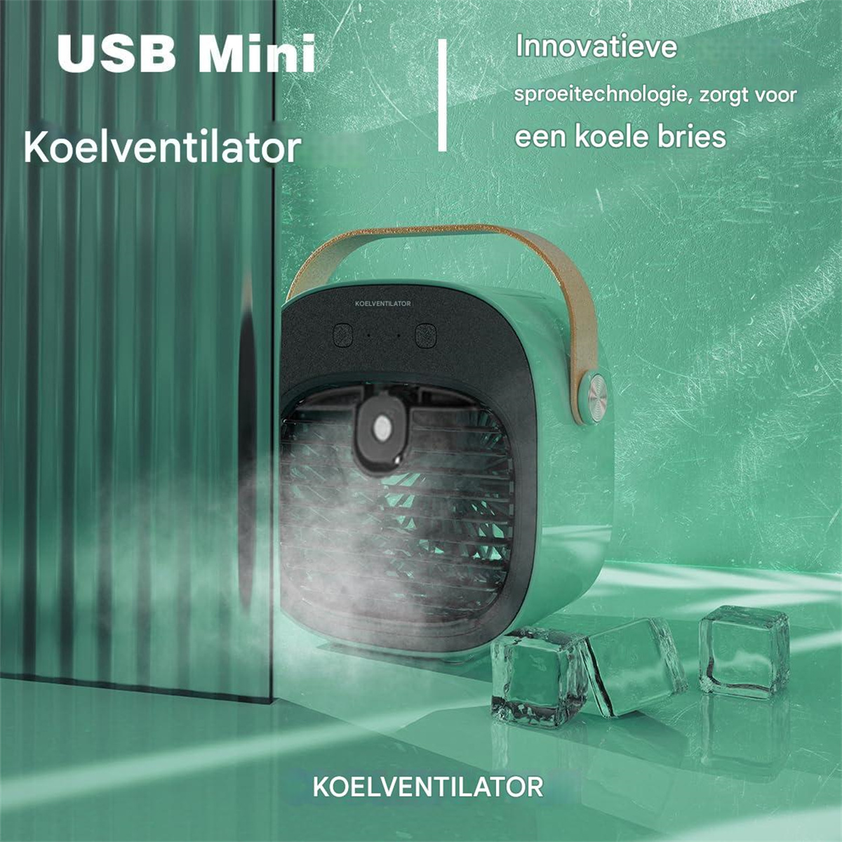 Ein kleiner, tragbarer USB-Kühler mit Nebelfunktion und Eiswürfeln.