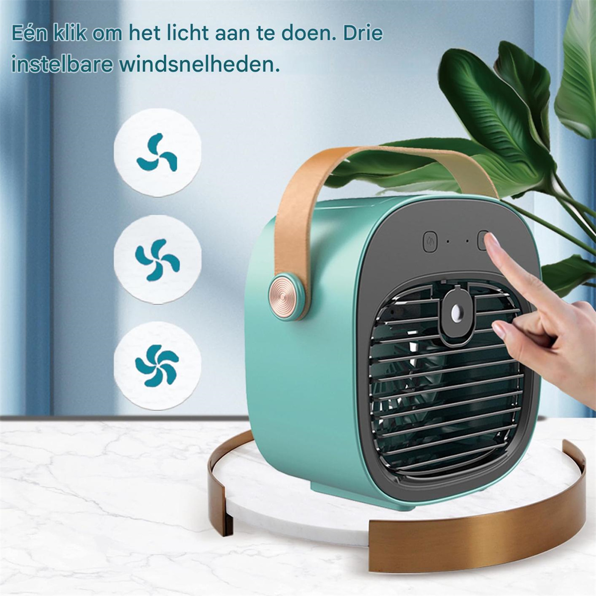 Ein tragbarer Mini-Kühler mit drei Lüftergeschwindigkeiten und einem Ledergriff.