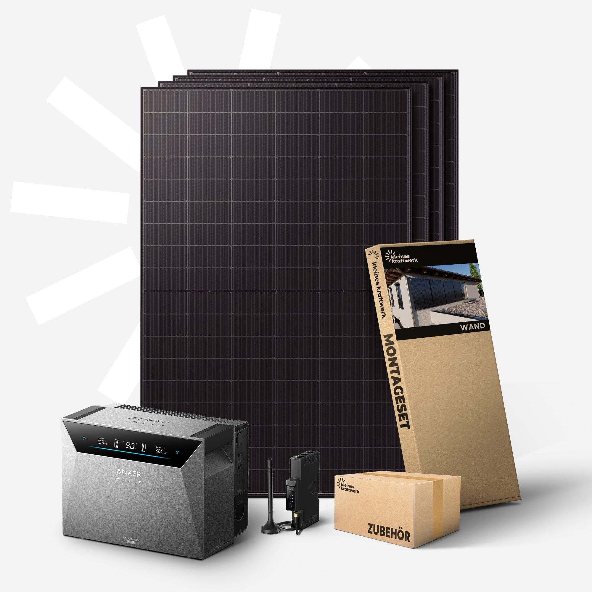 Solarmodule, eine Powerstation, Montage- und Zubehörboxen.