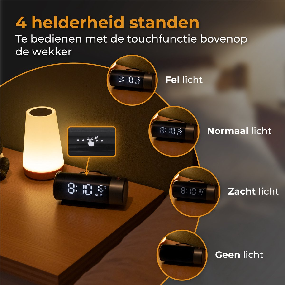 Wecker mit 4 Helligkeitsstufen, bedienbar per Touch. Zeigt 8:10 Uhr.