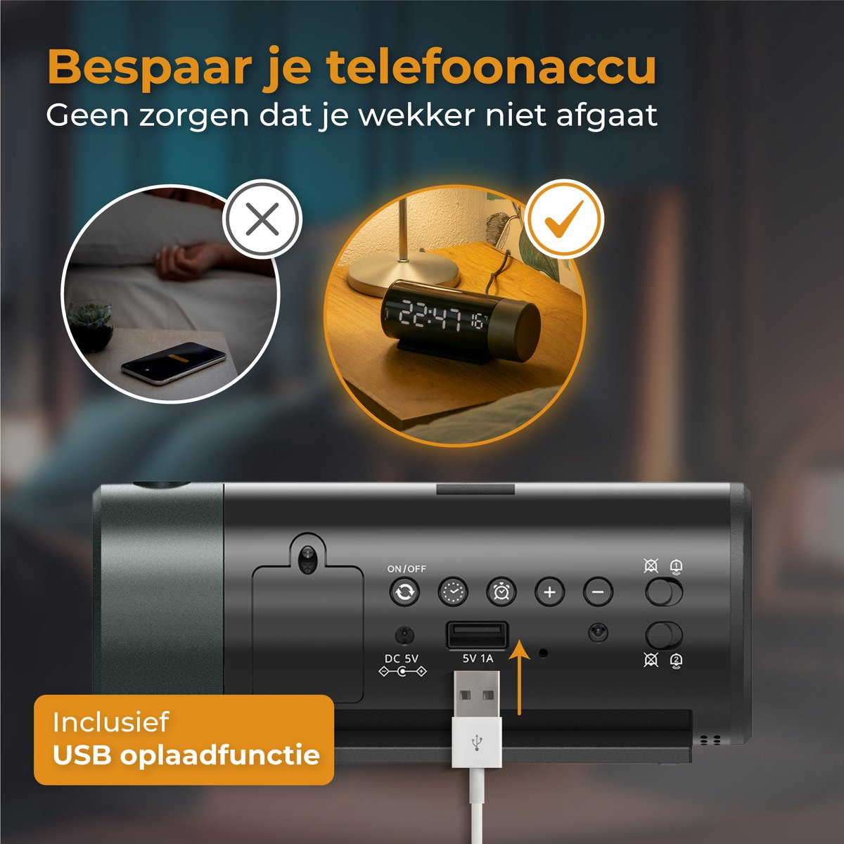 Digitaler Wecker mit USB-Ladeanschluss und Zeit 22:47. Zeigt Handy-Ladeoption.