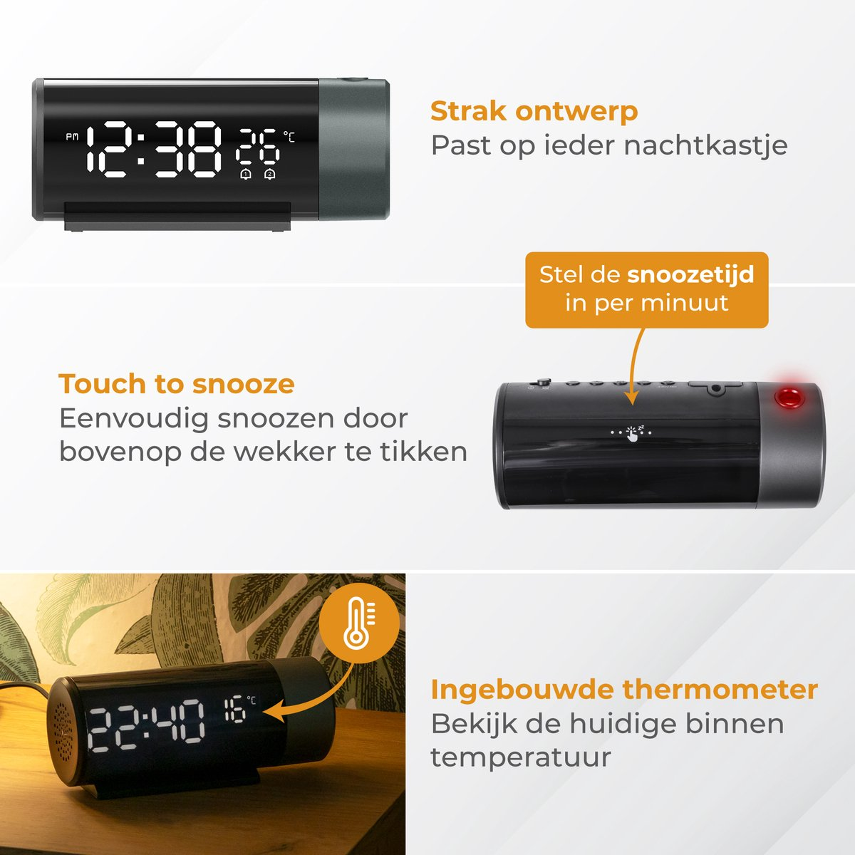 Digitaluhr mit Snooze-Funktion und Thermometer. Zeigt Uhrzeit und Temperatur.