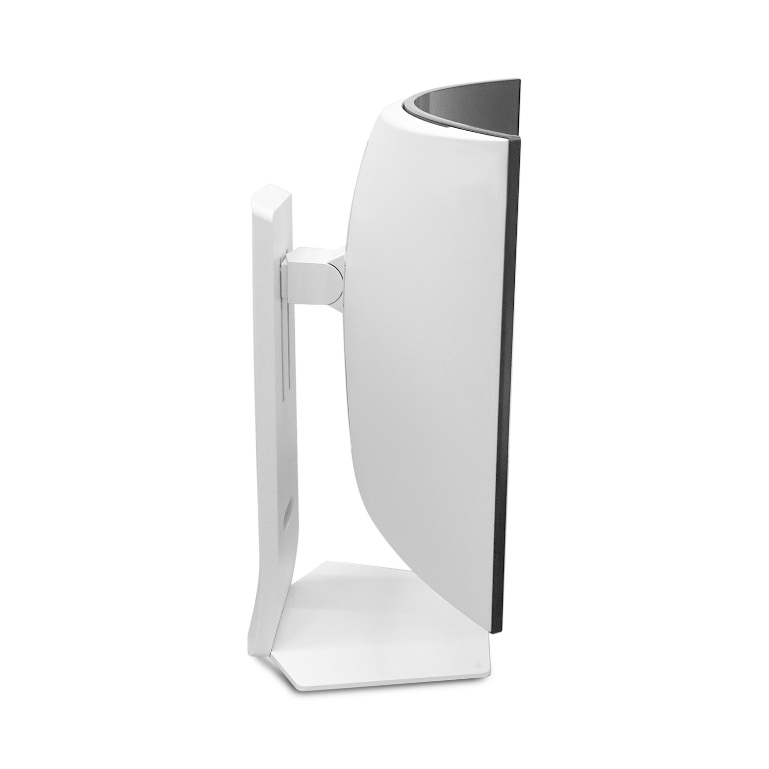 Ein weißer, gebogener Computermonitor mit einem schlanken Standfuß, von der Seite gesehen.