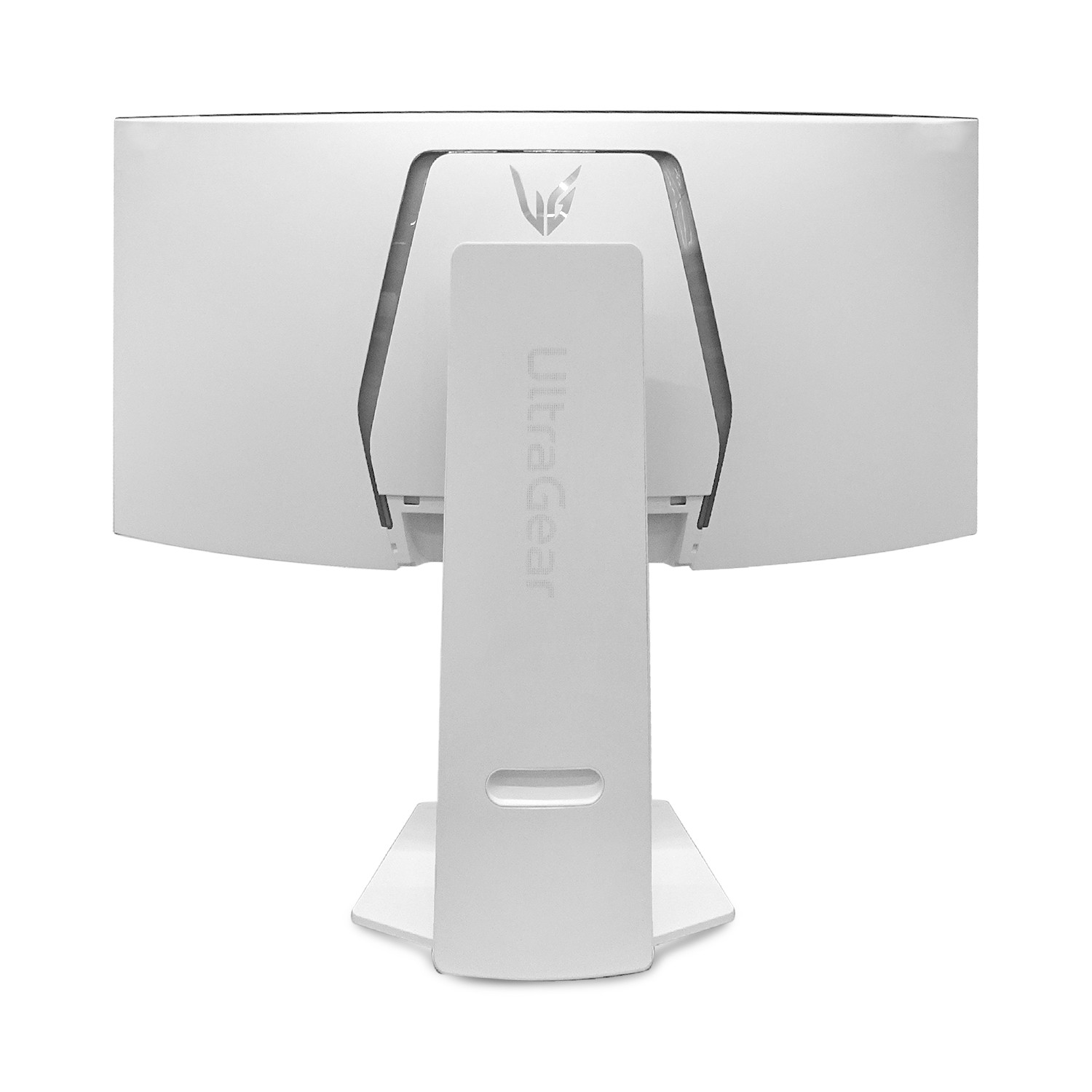 Rückseite eines weißen Monitors mit "Ultragear"-Schriftzug und Logo.